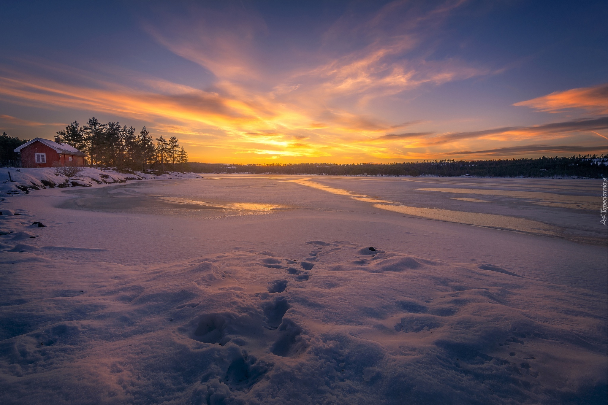 Norwegia, Ringerike, Zima, Drzewa, Dom, Jezioro, Zachód słońca