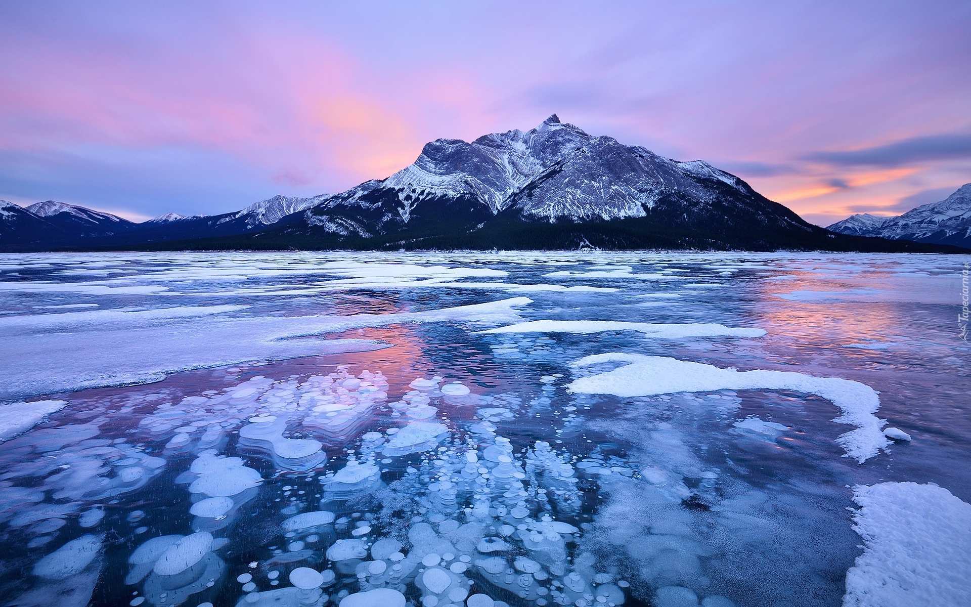 Zima, Góry, Canadian Rockies, Zamarznięte, Jezioro, Abraham Lake, Lód, Alberta, Kanada