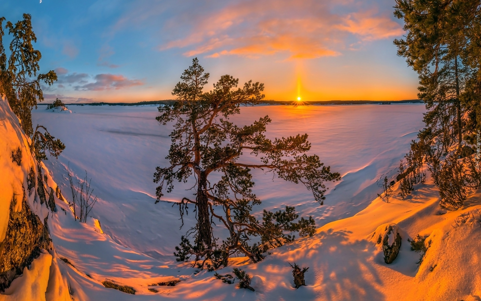 Zamarznięte, Jezioro Ładoga, Zachód słońca, Drzewa, Zima, Zaspy, Karelia, Rosja