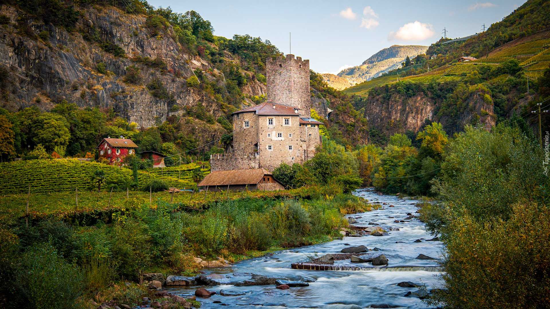 Zamek, Castle Ried, Rzeka Talvera, Wzgórza, Drzewa, Sill, Włochy