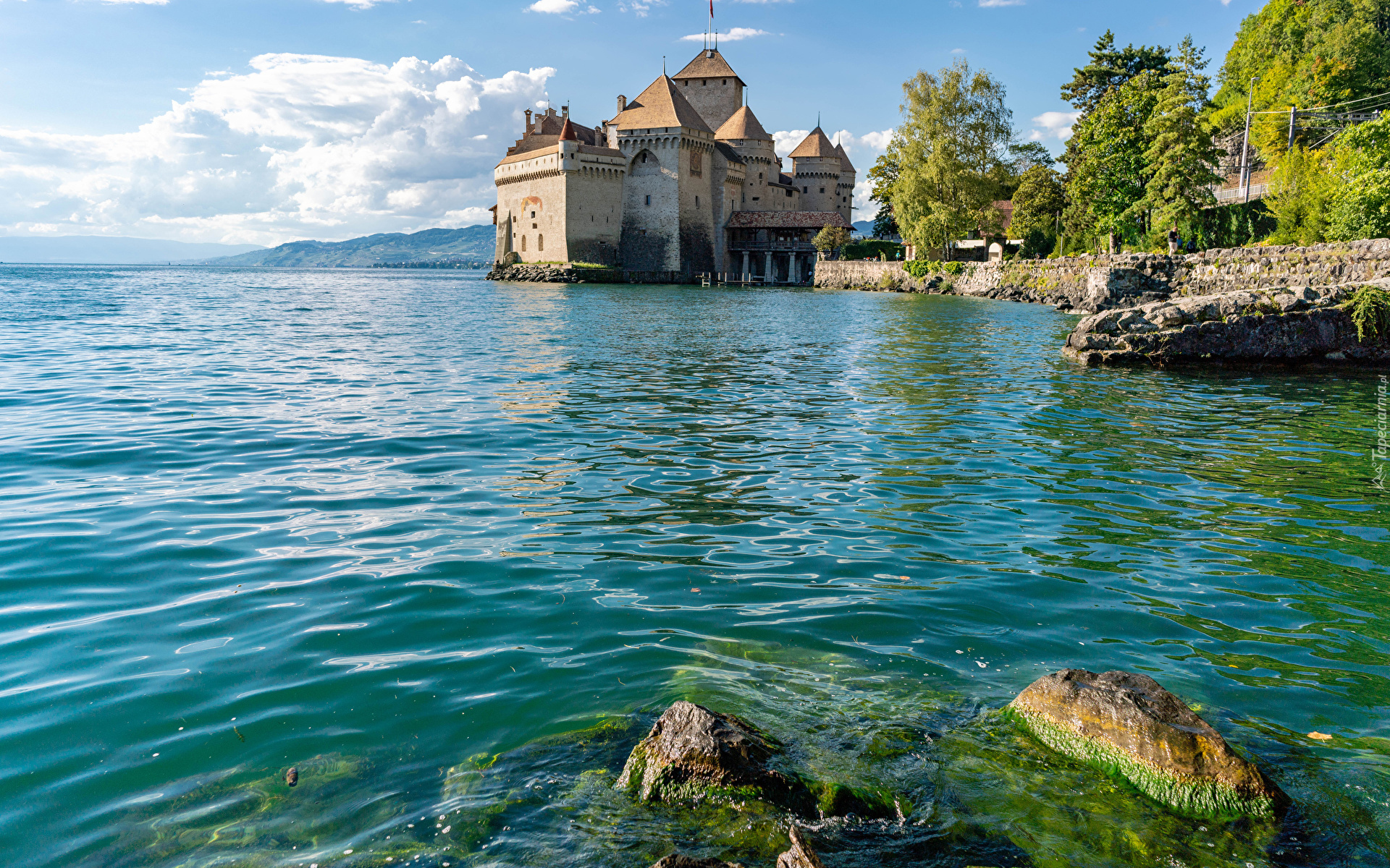 Szwajcaria, Kanton Vaud, Jezioro Genewskie, Zamek Chillon, Mur, Kamienie, Drzewa