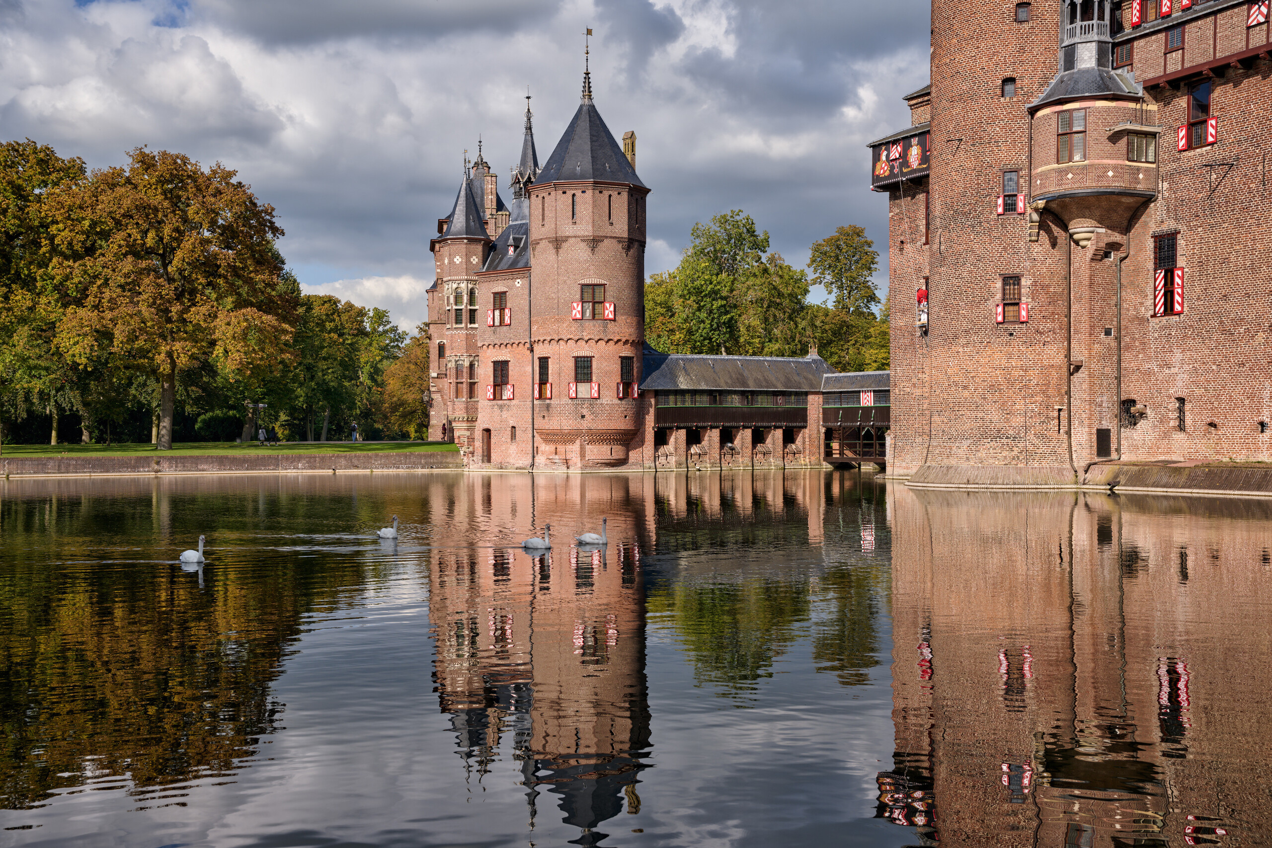 Holandia, Utrecht, Zamek De Haar, Staw, Odbicie, Drzewa