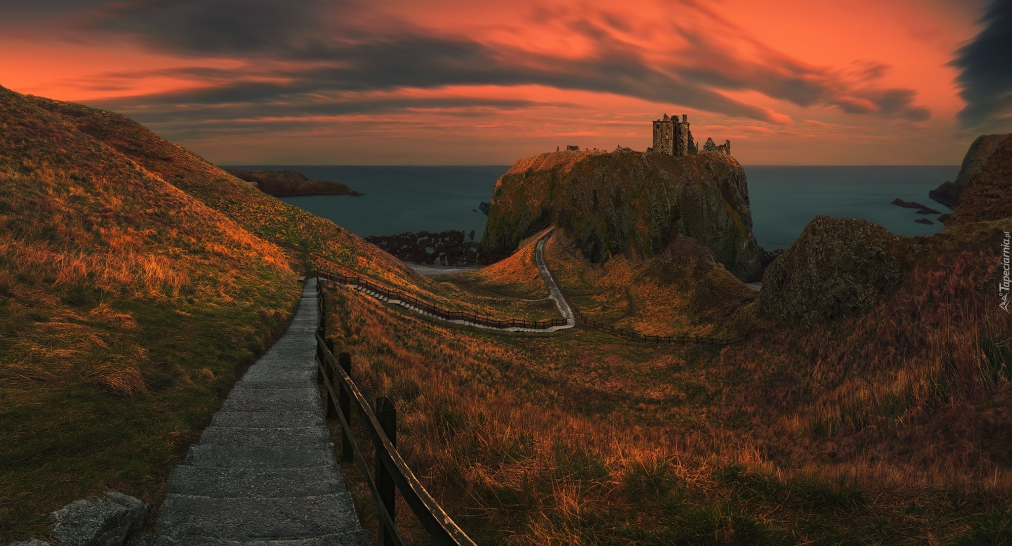Szkocja, Stonehaven, Morze, Zamek Dunnottar, Skała, Zachód słońca, Chmury