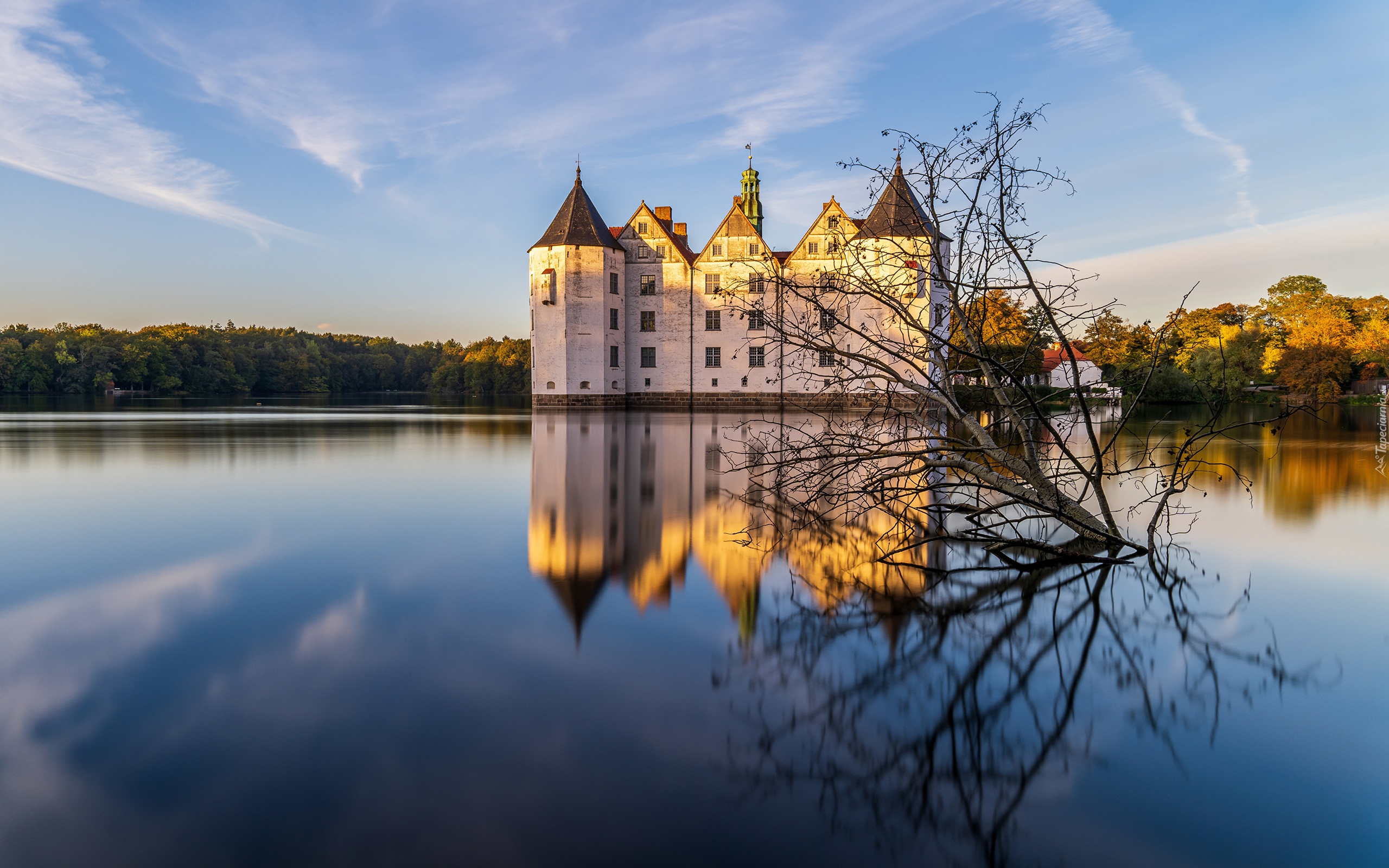 Niemcy, Zamek, Glucksburg Castle, Staw, Odbicie, Suche, Drzewo