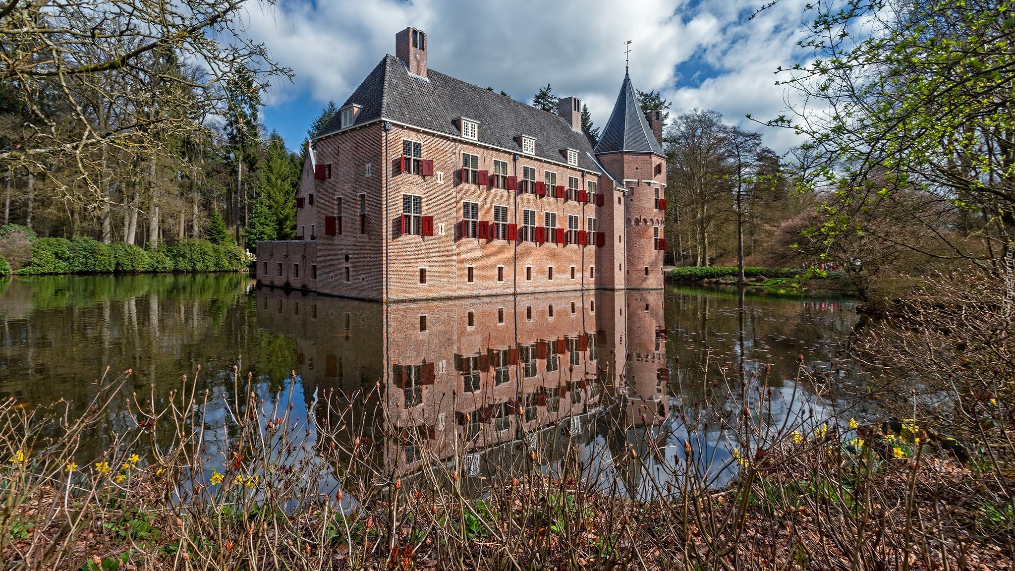 Zamek, Het Oude Loo, Kanał, Drzewa, Apeldoorn, Holandia