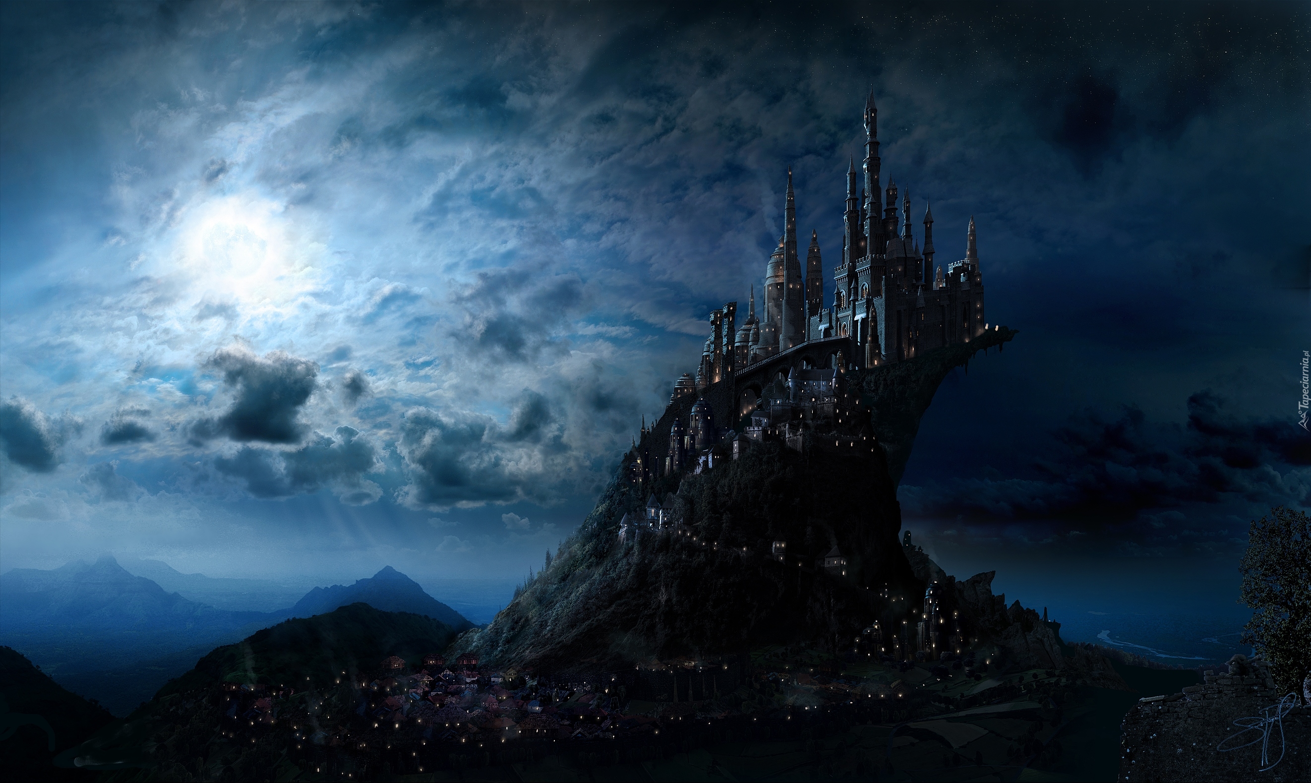 Fantasy, Zamek Hogwarts, Chmury, Noc