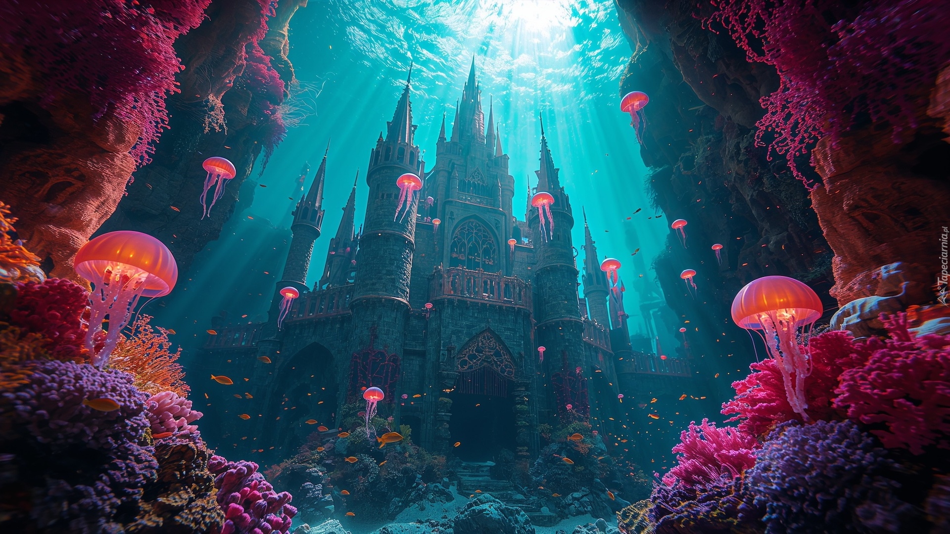 Grafika, Fantasy, Głębiny morskie, Zamek, Korale, Meduzy, Przebijające światło