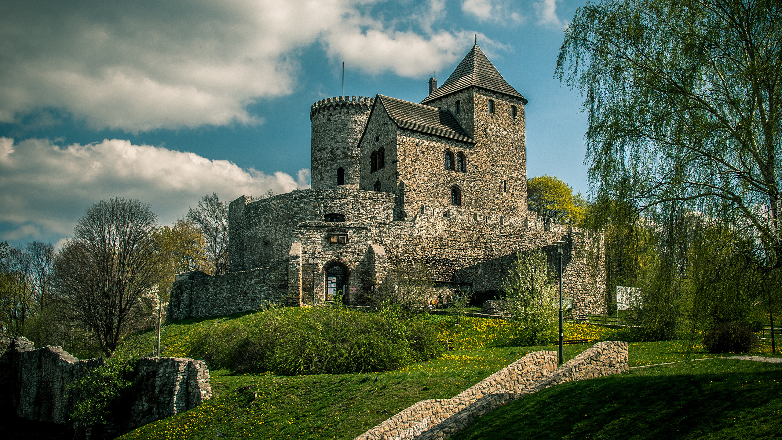 Polska, Będzin, Zamek, Muzeum Zagłębia, Wzgórze, Mur, Trawa