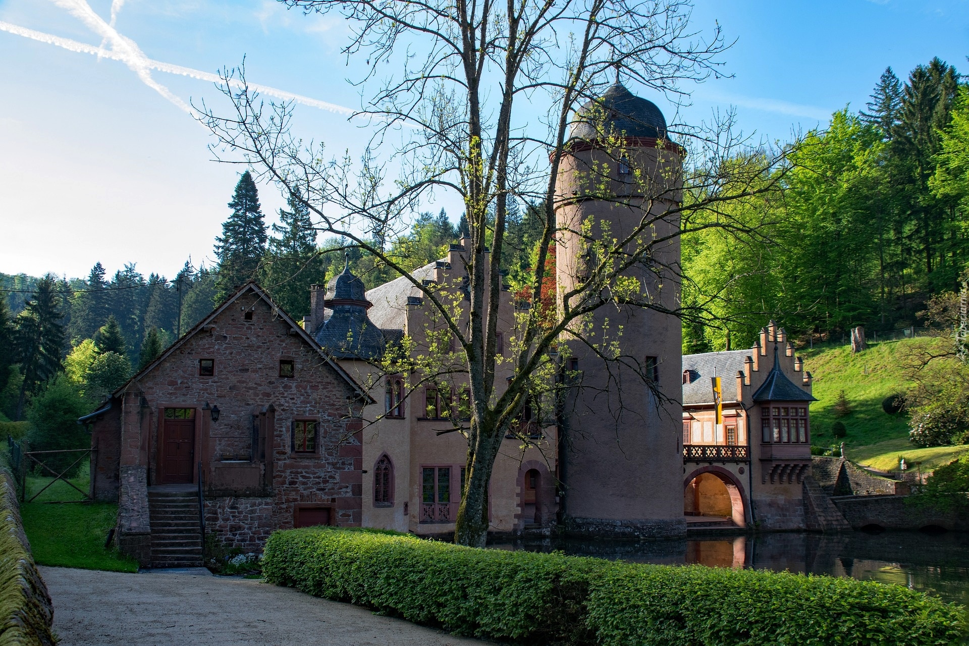 Zamek, Mespelbrunn Castle, Odbicie, Bawaria, Niemcy