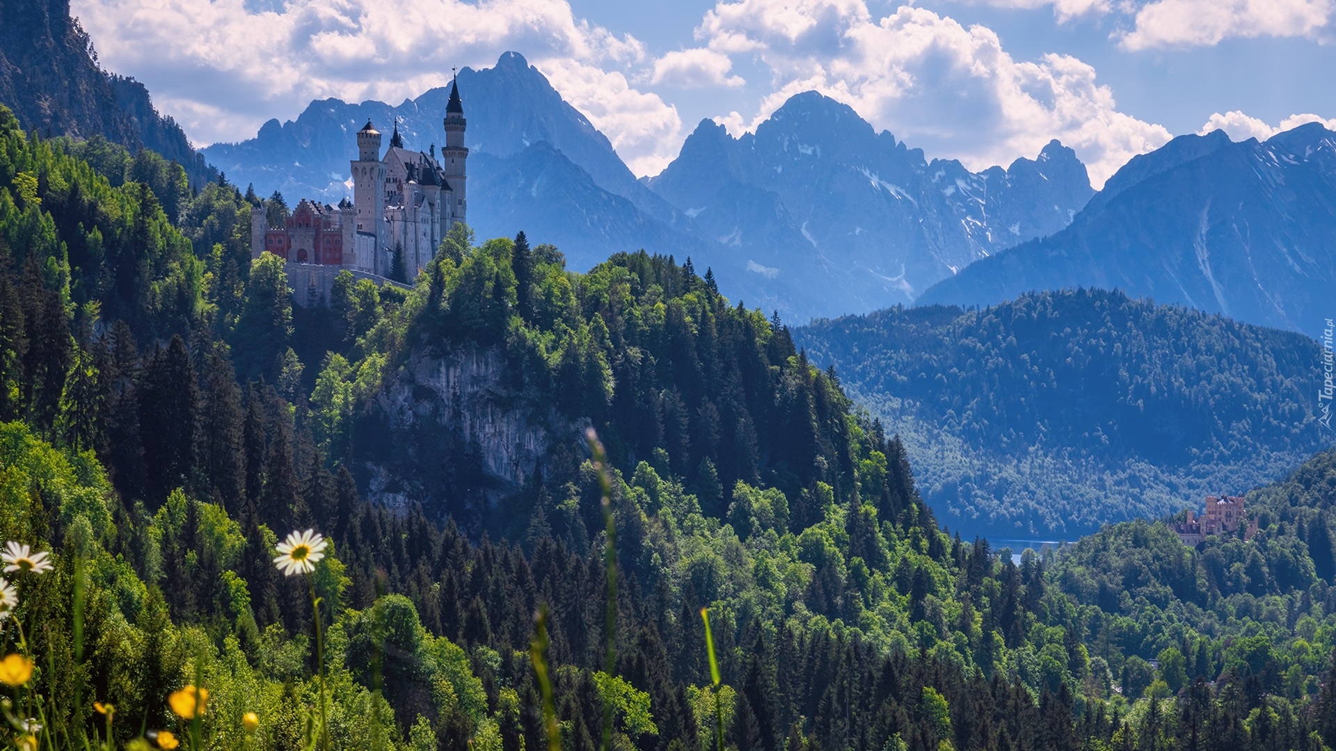 Niemcy, Bawaria, Zamek Neuschwanstein, Góry, Drzewa, Chmury