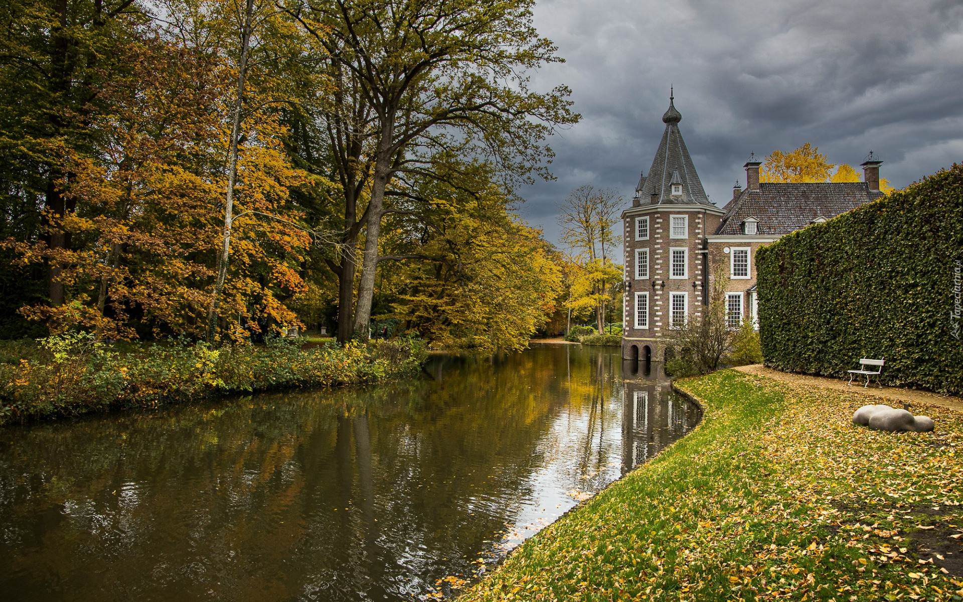 Jesień, Drzewa, Kanał, Liście, Zamek Nijenhuis, Overĳssel, Holandia