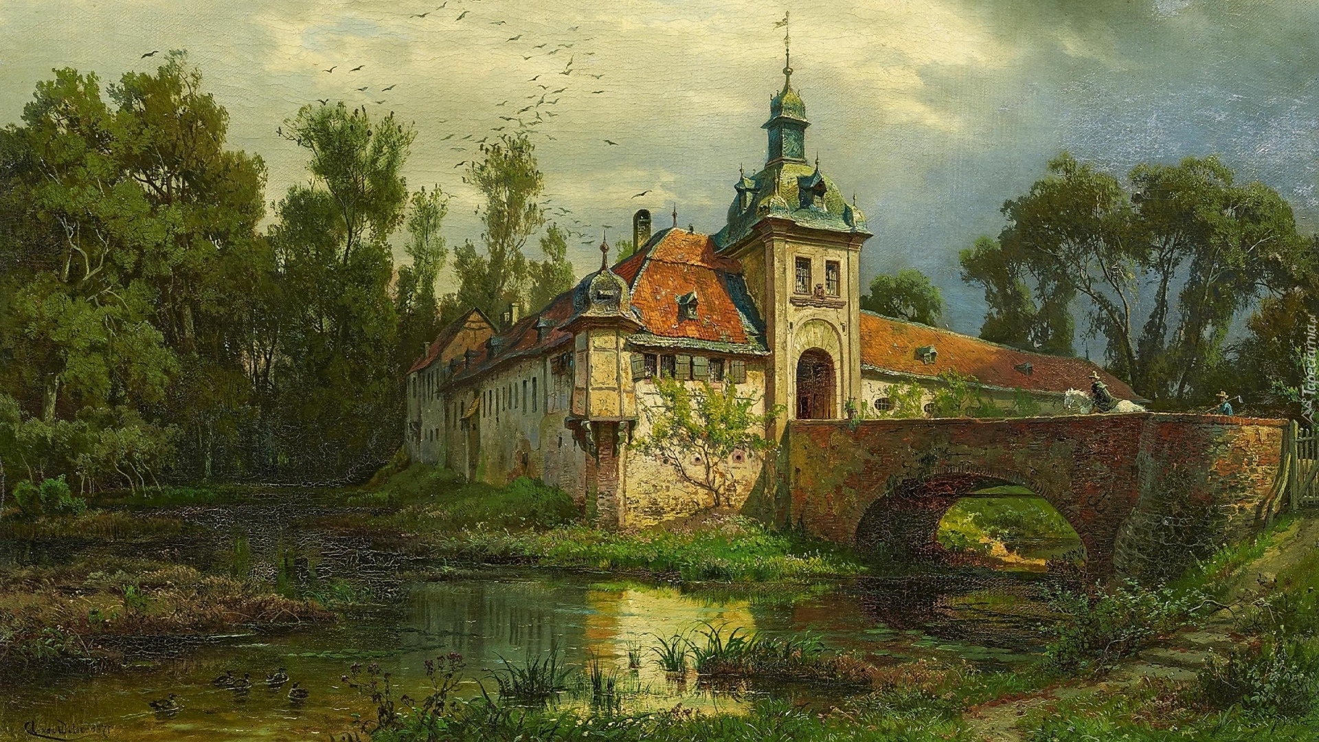 Malarstwo, Obraz, Malarz, August Levin von Wille, Fosa, Most, Zamek, Drzewa