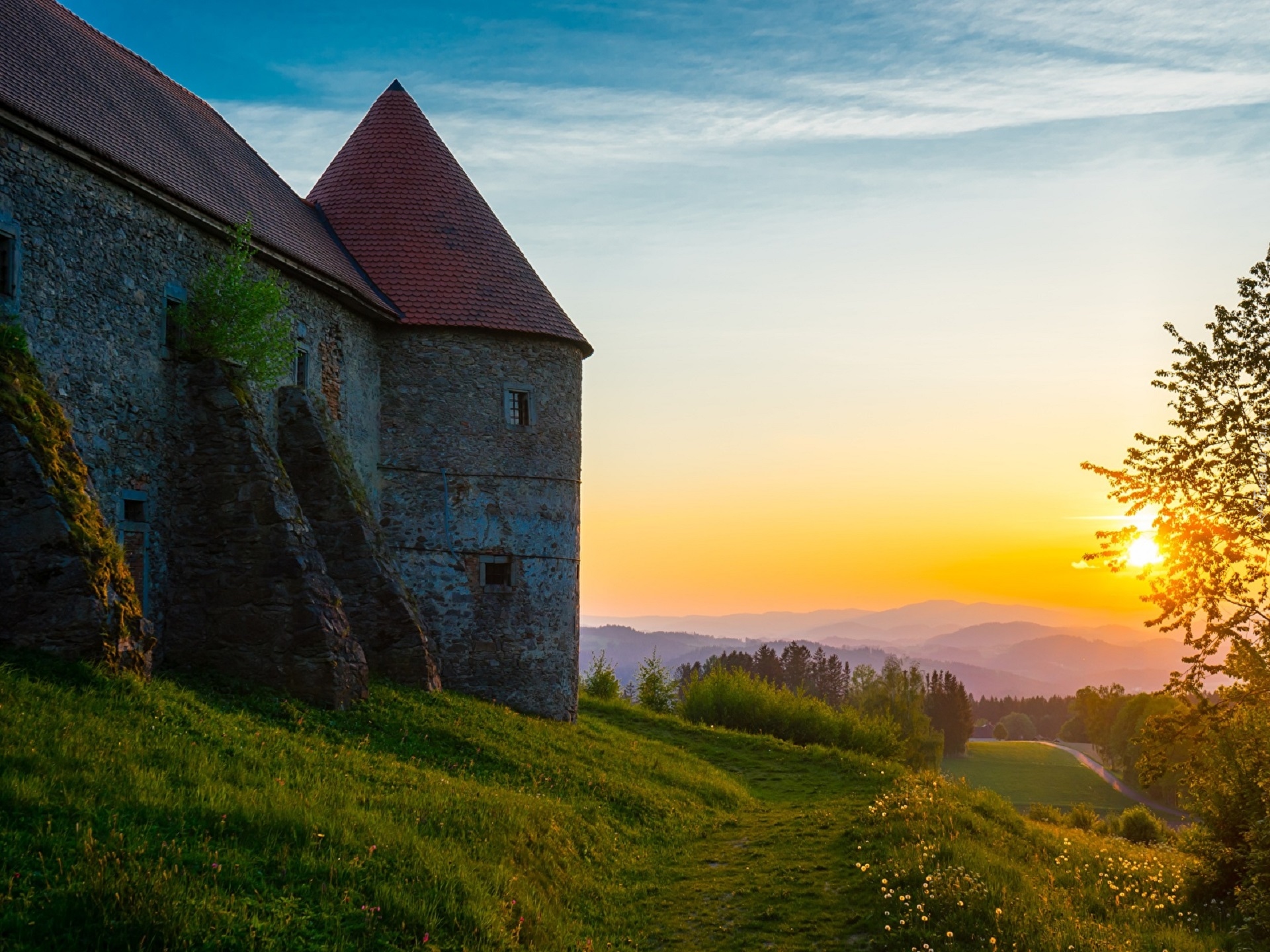 Zamek, Burg Piberstein, Austria, Zachód słońca