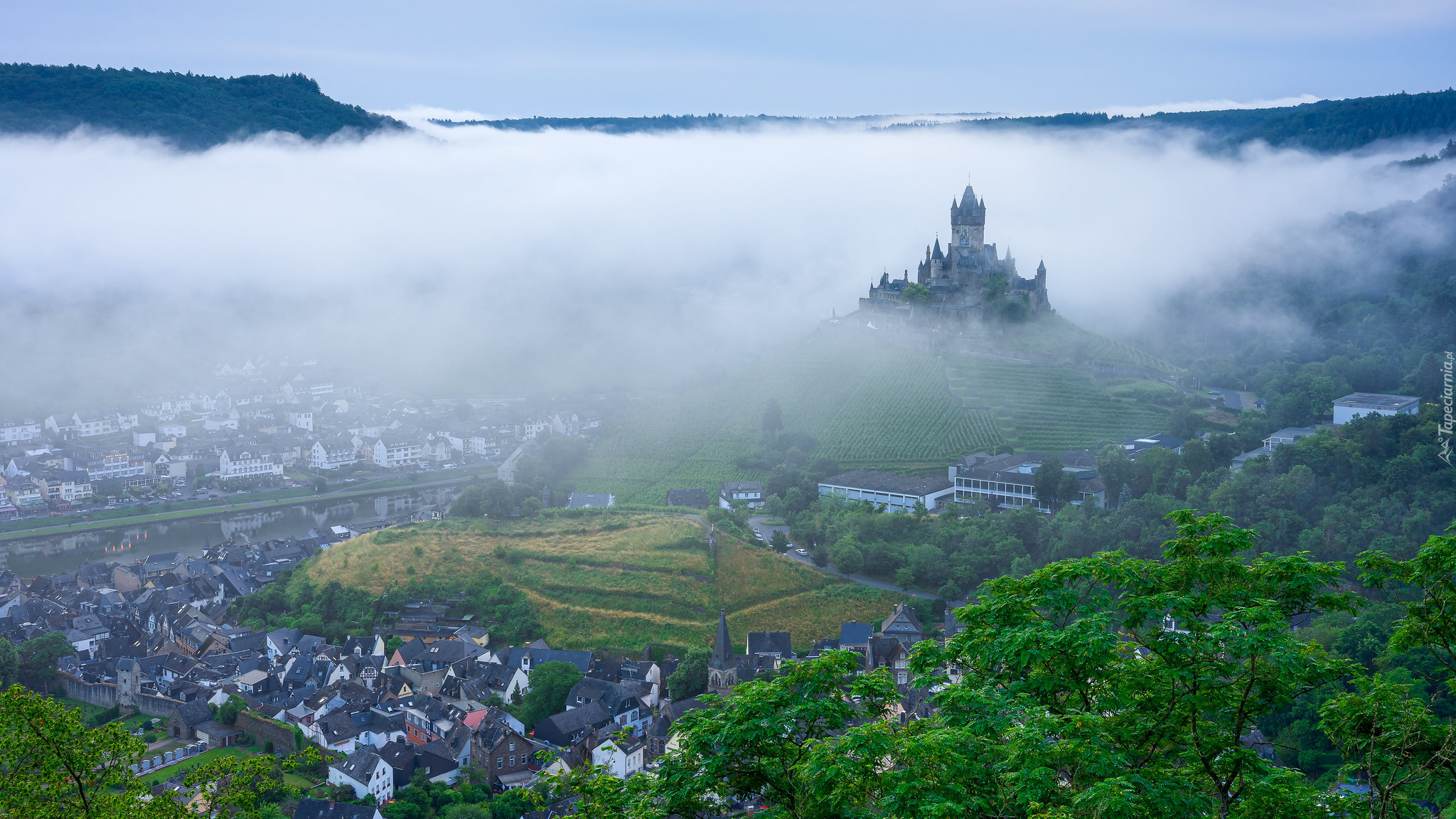 Zamek Reichsburg, Domy, Mgła, Miasto Cochem, Niemcy