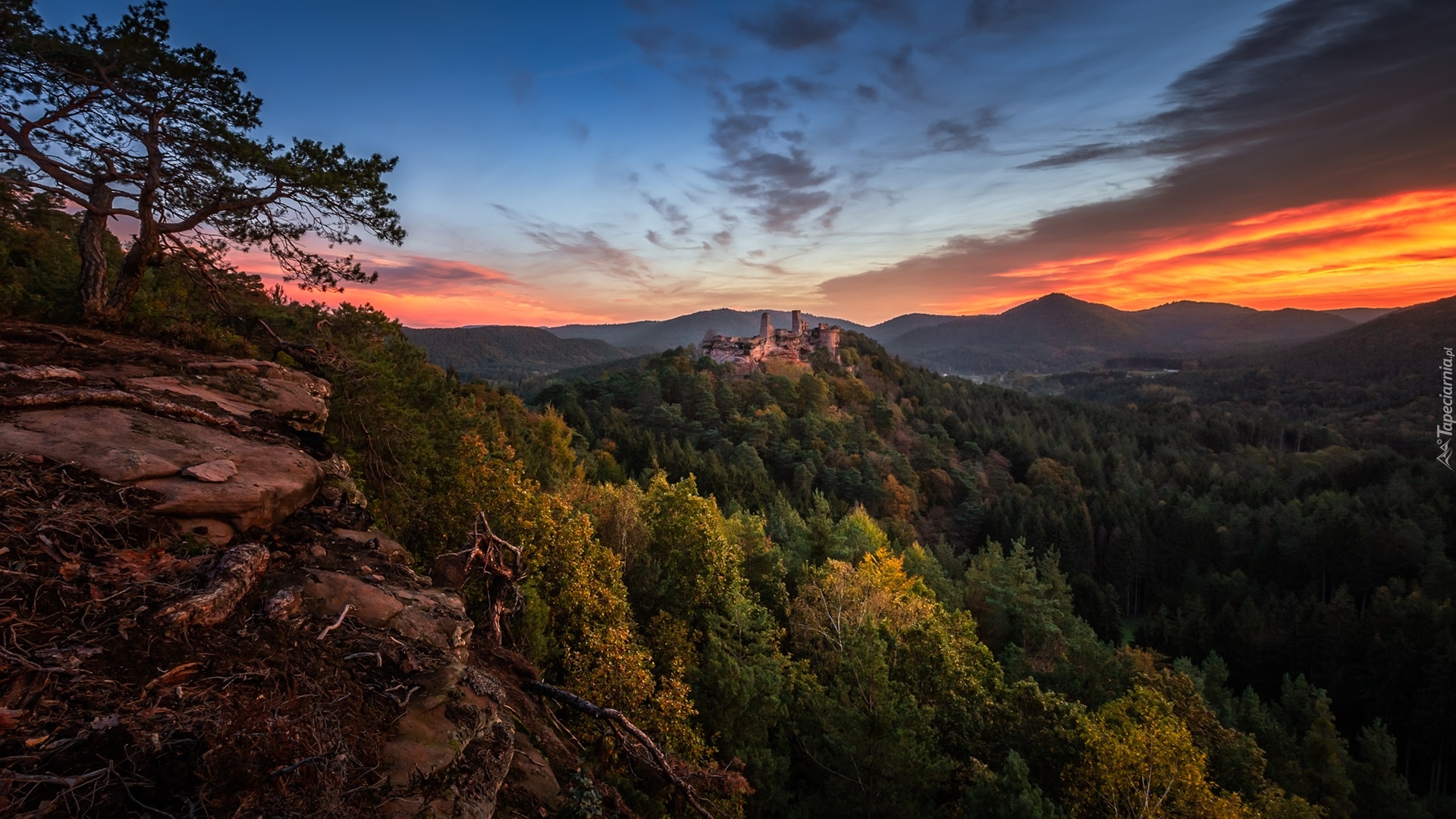 Niemcy, Las Palatynacki, Góry, Zachód słońca, Wzgórze, Zamek Trifels