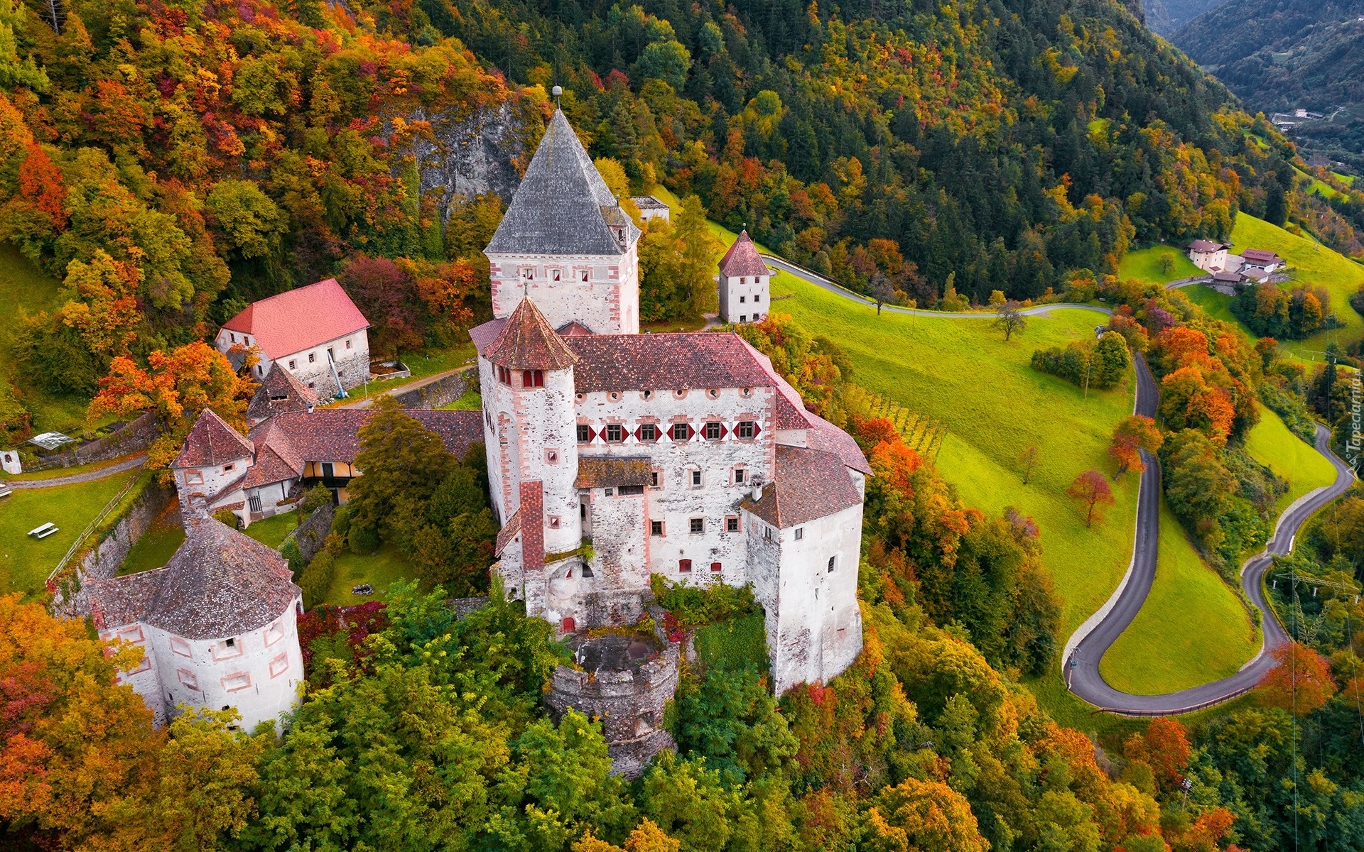 Włochy, Góry, Las, Drzewa, Jesień, Zamek Trostburg, Domy