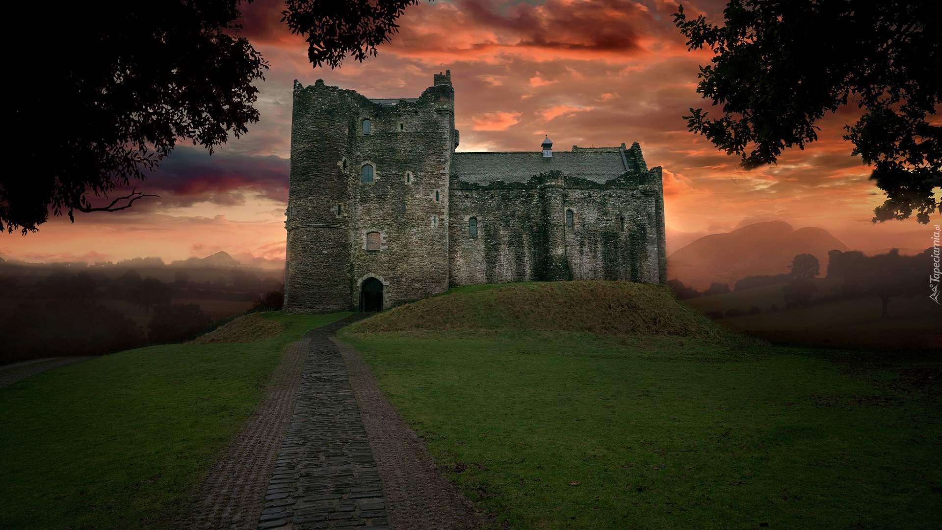 Szkocja, Wzgórze, Zamek Doune Castle, Zachód słońca