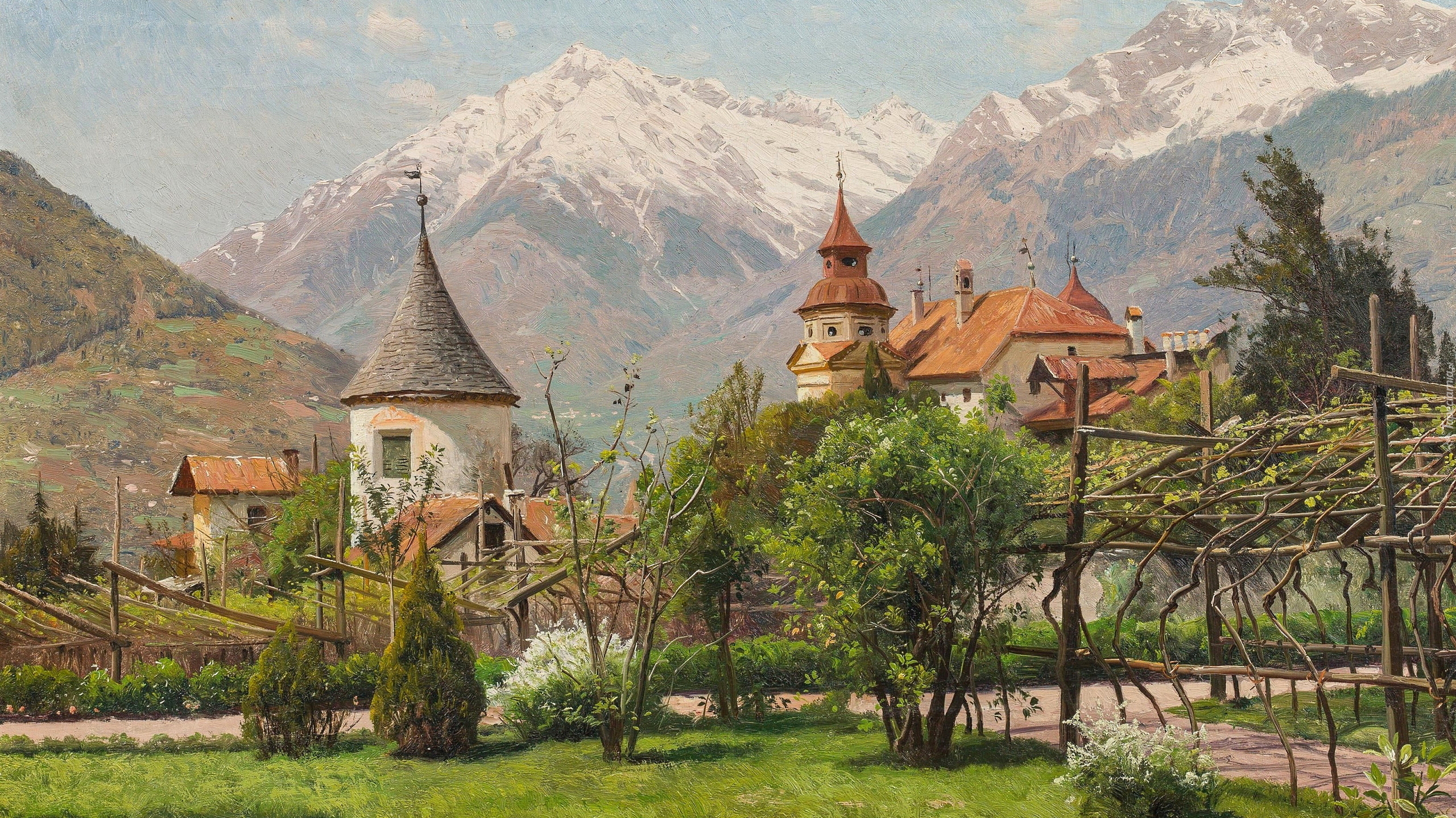 Malarstwo, Obraz, Peder Mork Monsted, Zamek Winkel, Domy, Drzewa, Góry, Południowy Tyrol, Włochy