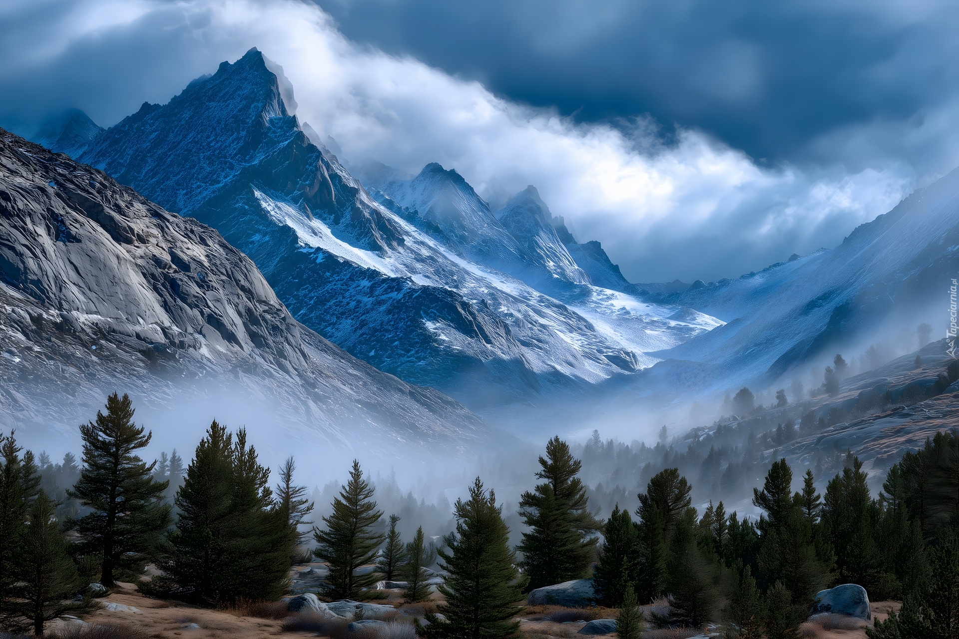 Zima, Góry, Drzewa, Chmury, Grafika AI