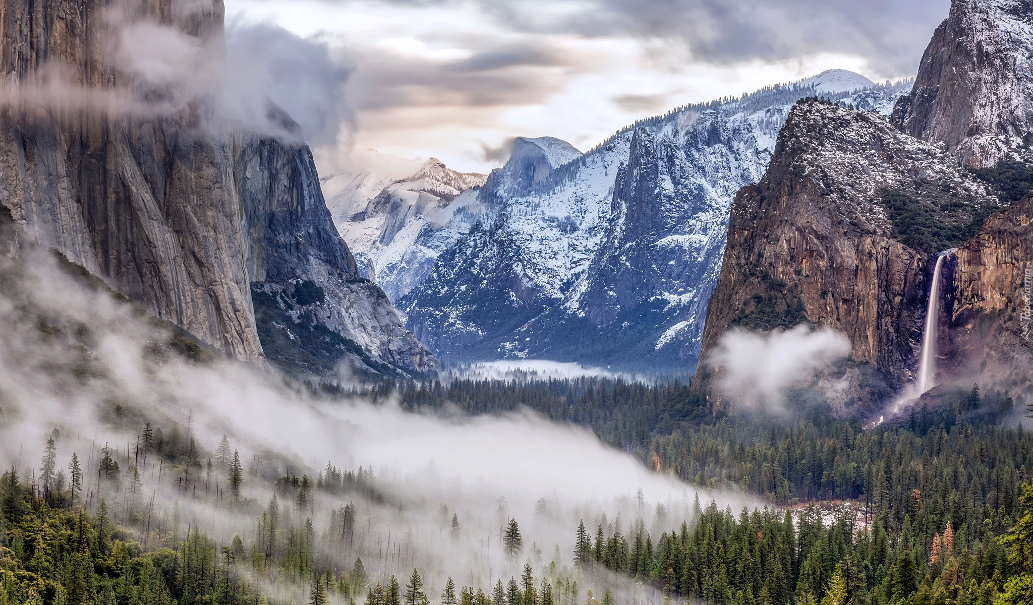 Góry, Drzewa, Mgła, Chmury, Kalifornia, Park Narodowy Yosemite, Stany Zjednoczone