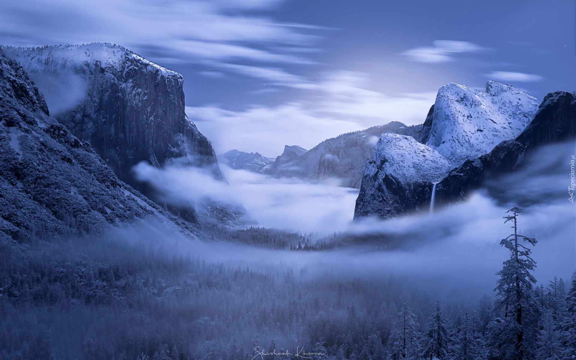 Zima, Park Narodowy Yosemite, Dolina, Yosemite Valley, Drzewa, Lasy, Góry, Mgła, Stan Kalifornia, Stany Zjednoczone