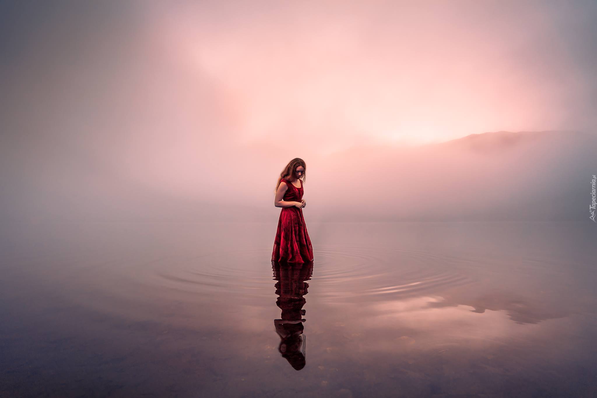 Kobieta, Jezioro, Mgła