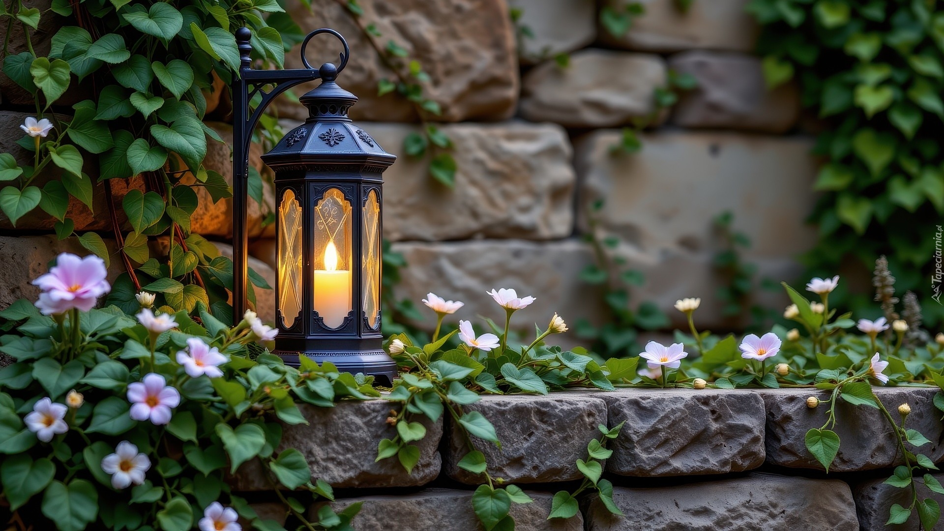 Murowana, Ściana, Biało-różowe, Kwiaty, Lampa