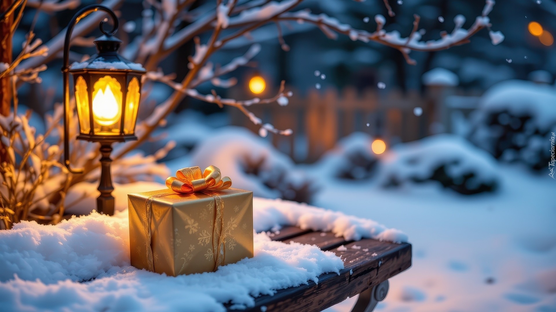 Zima, Śnieg, Ławka, Prezent, Lampa, Gałęzie