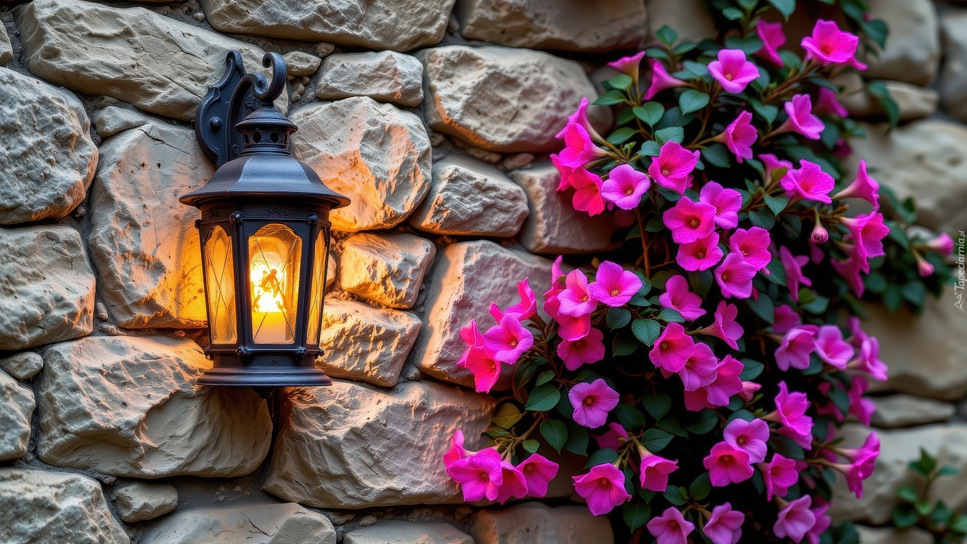 Murowana, Ściana, Świecąca, Lampa, Purpurowe, Kwiaty