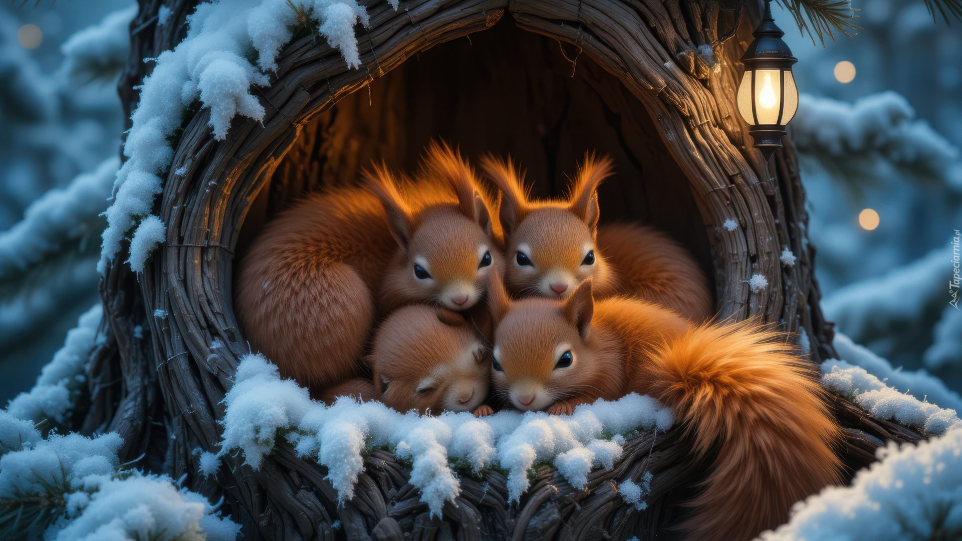 Zima, Wiewiórki, Dziupla, Lampa, AI