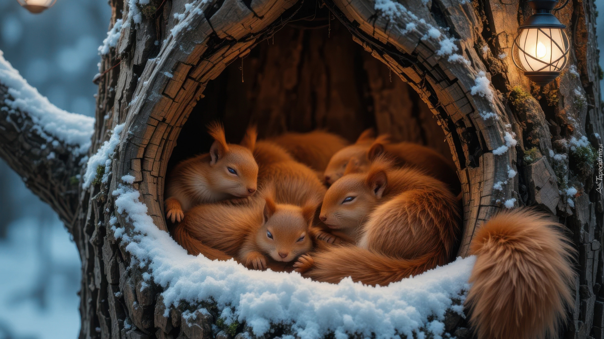 Rude, Wiewiórki, Drzewo, Dziupla, Śnieg, Lampka