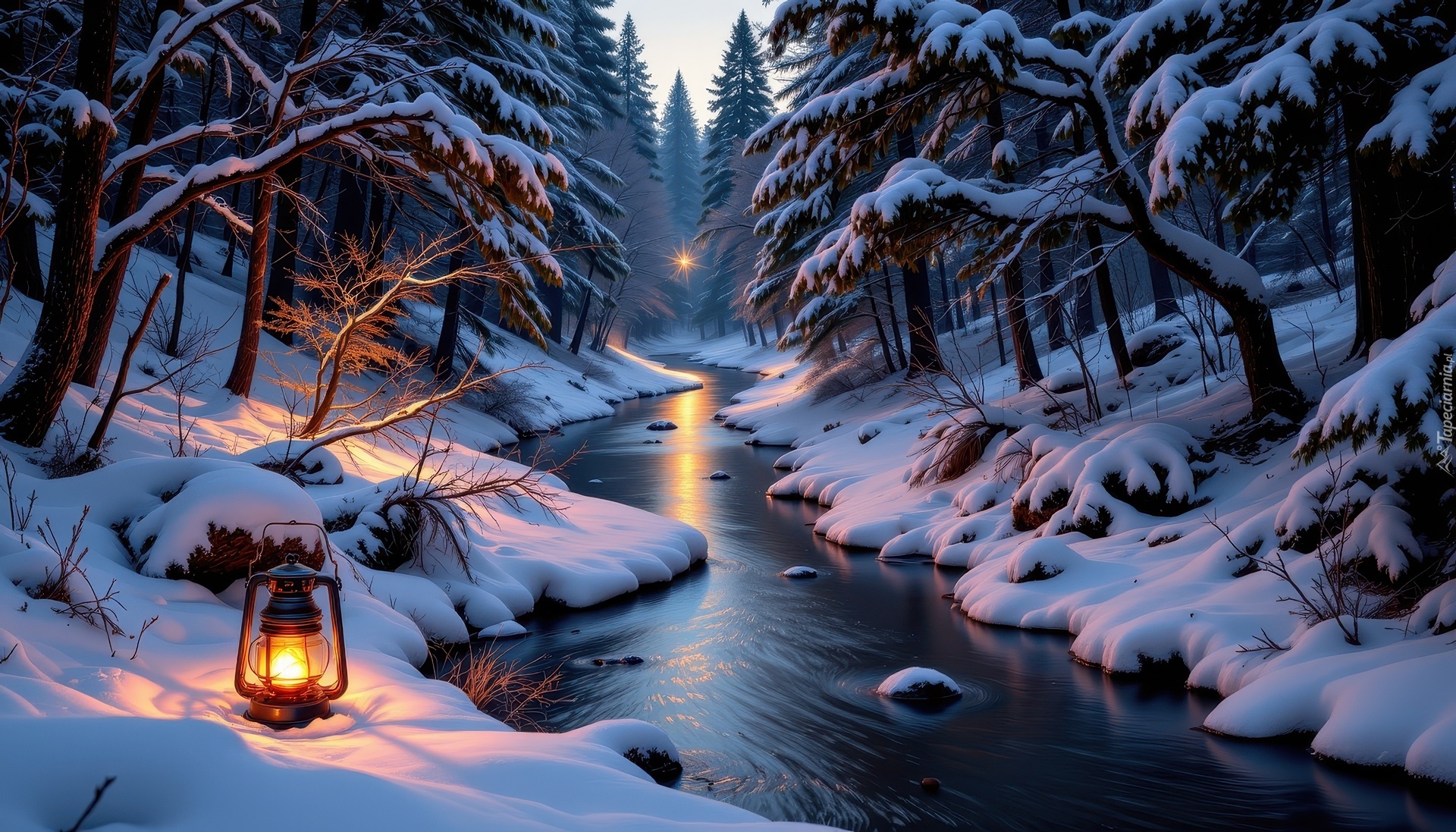 Zima, Rzeka, Lampa, Las, Drzewa, Grafika AI