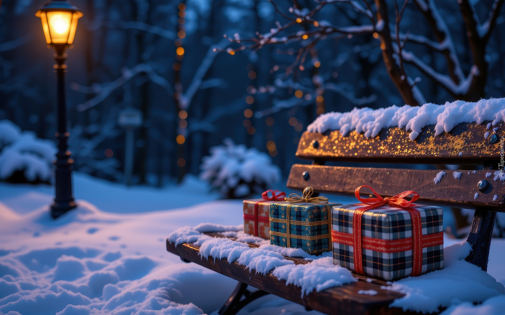 Zima, Noc, Park, Ośnieżone, Drzewa, Ławka, Prezenty, Latarnia