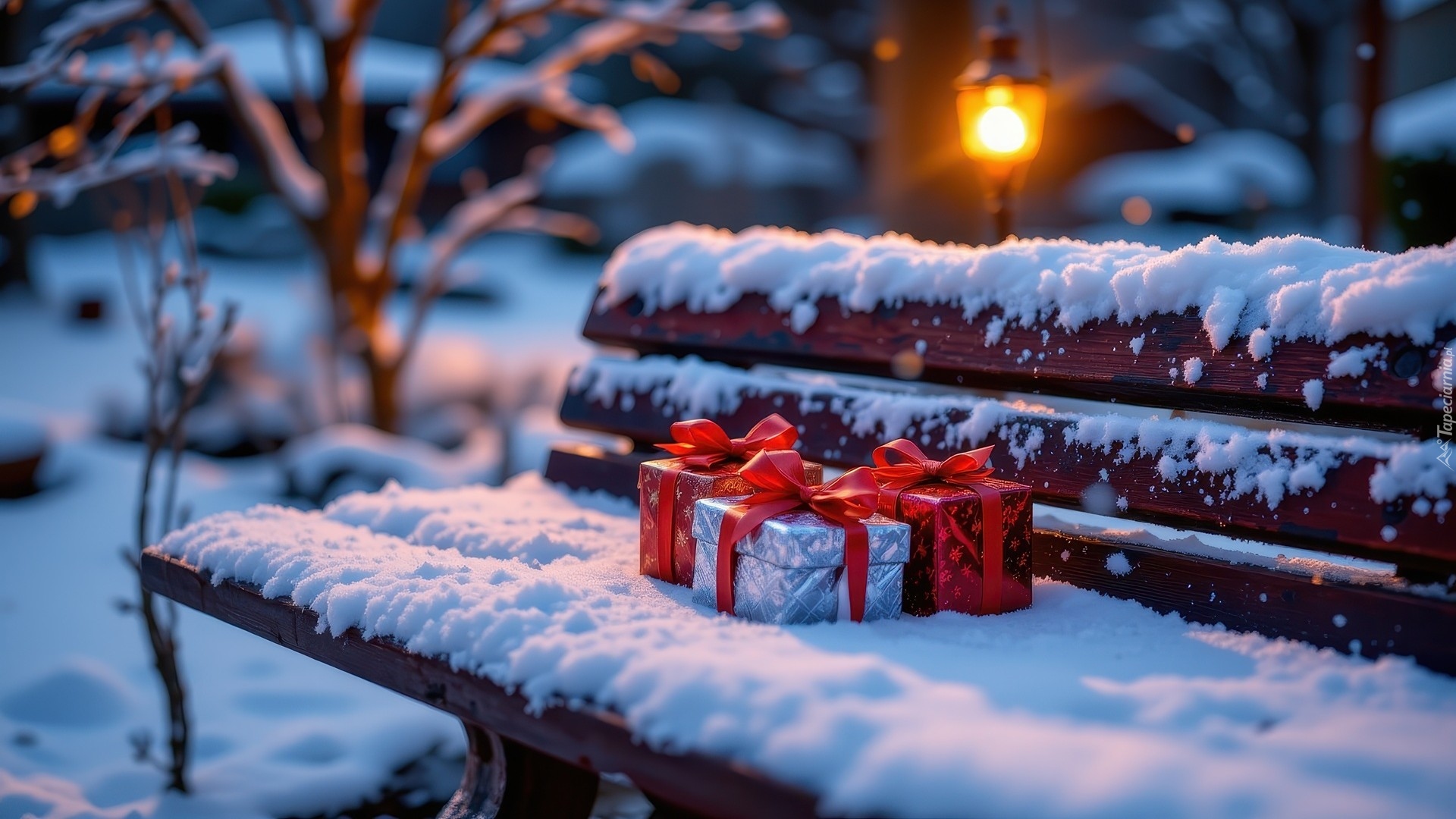 Zima, Noc, Ośnieżona, Ławka, Prezenty, Latarnia