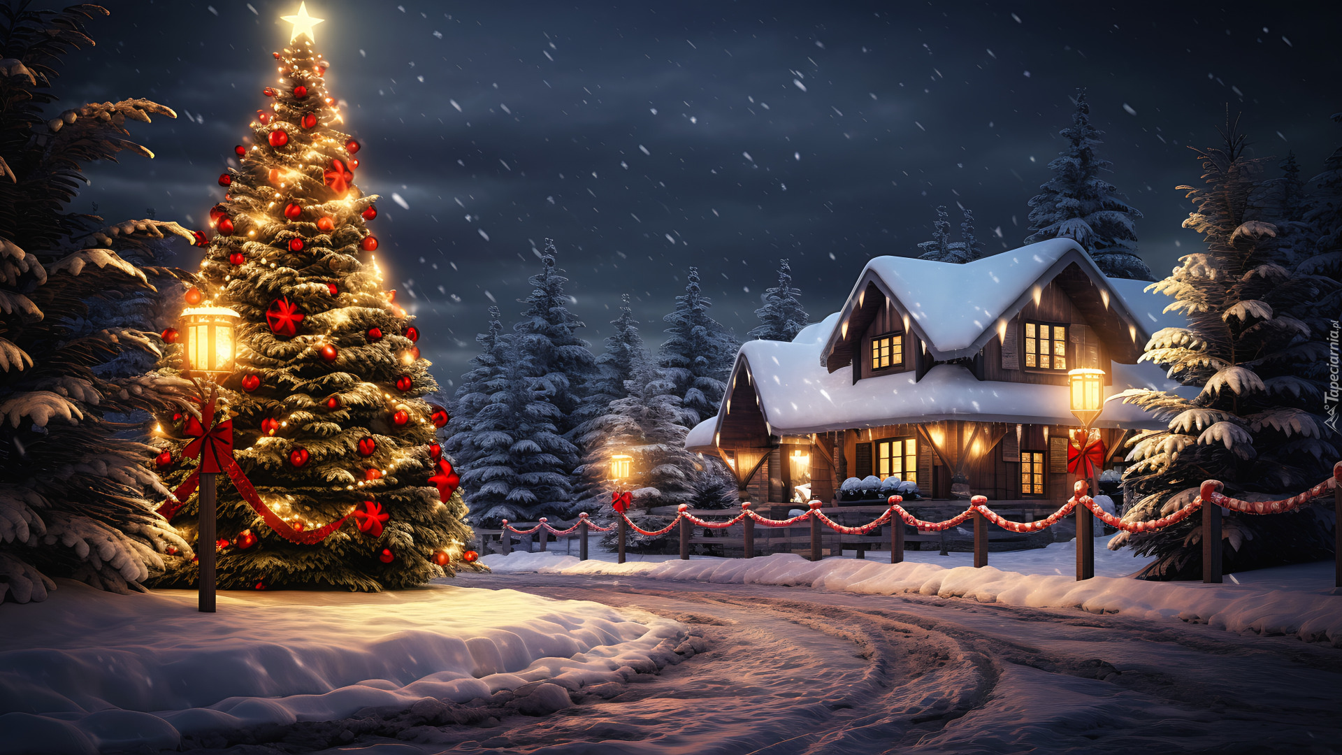 Zima, Śnieg, Ulica, Udekorowana, Choinka, Latarnie, Dom, Ośnieżone, Drzewa, Świerki, Noc, Boże Narodzenie