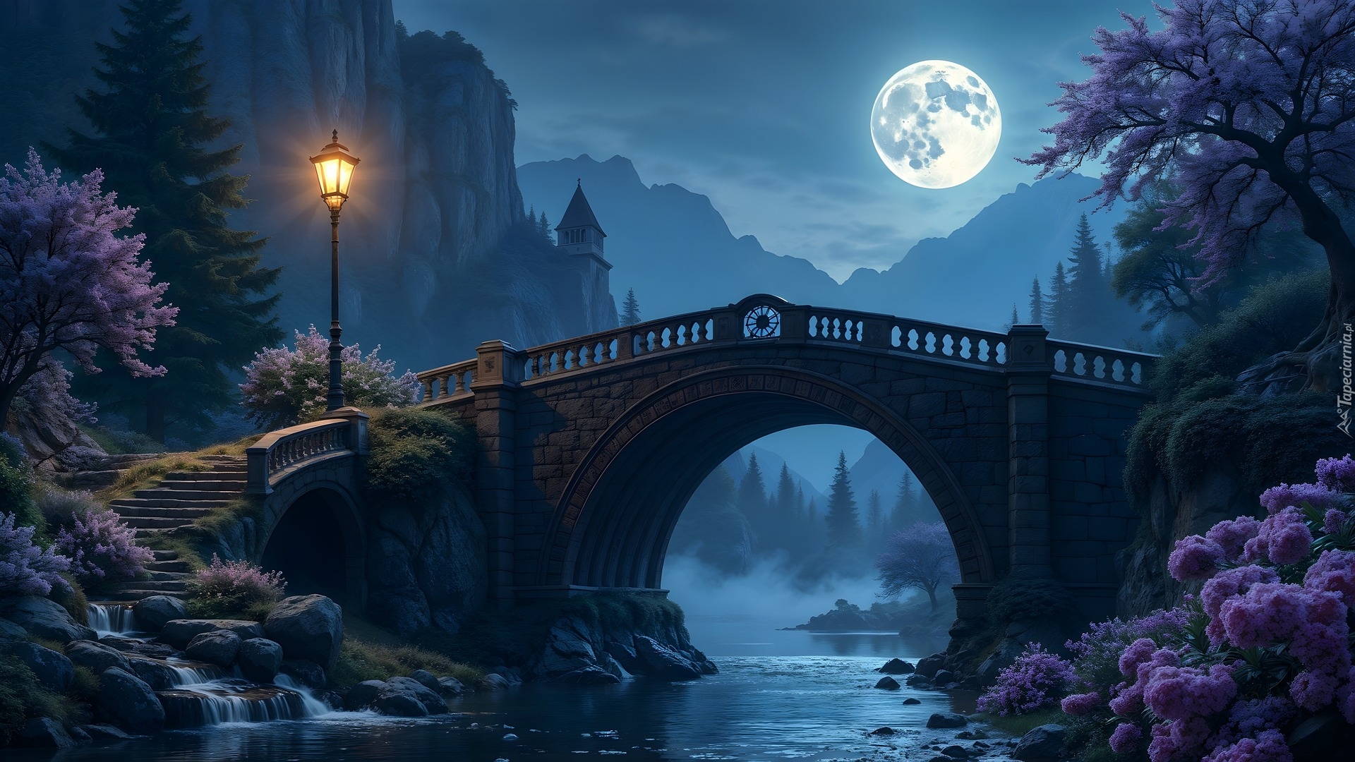 Góry, Rzeka, Most, Noc, Księżyc, Drzewa, Latarnia