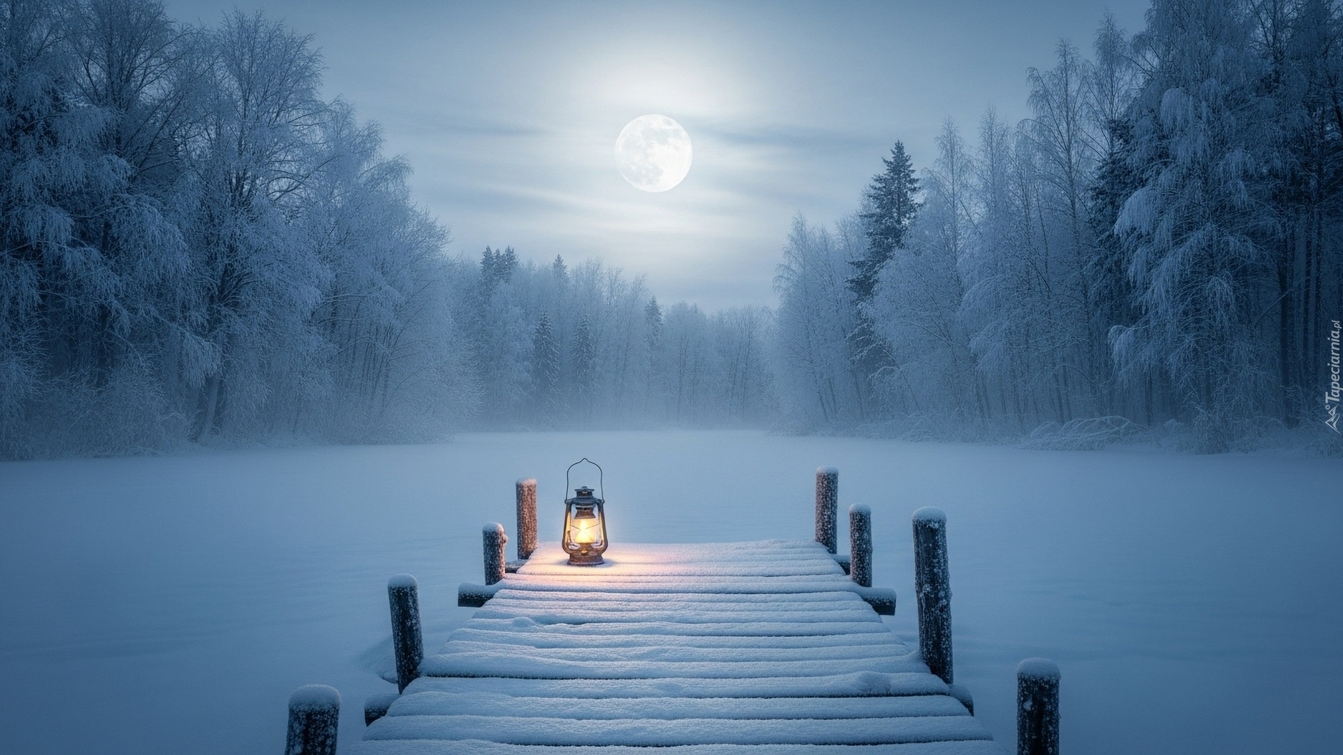 Zima, Pomost, Latarnia, Zaśnieżone, Jezioro, Ośnieżone, Drzewa, Śnieg, Mgła, Księżyc