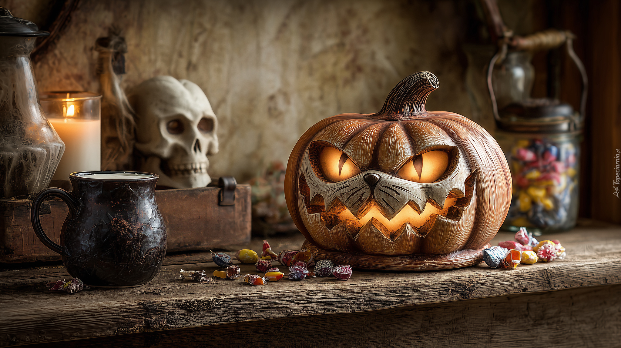 Dynia, Kubek, Cukierki, Halloween, Grafika AI