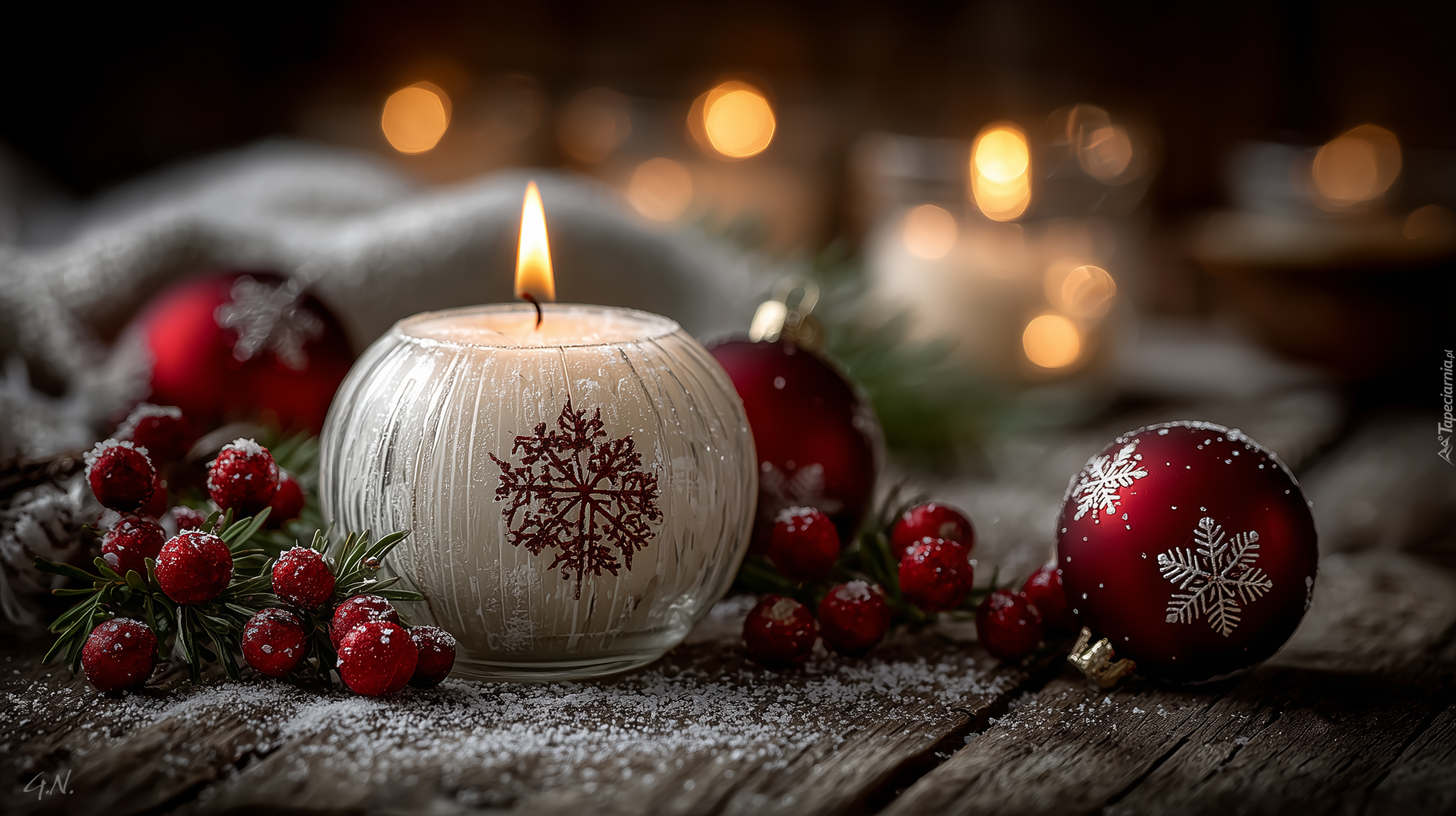 Boże Narodzenie, Biała, Świeca, Czerwone, Bombki, Grafika AI