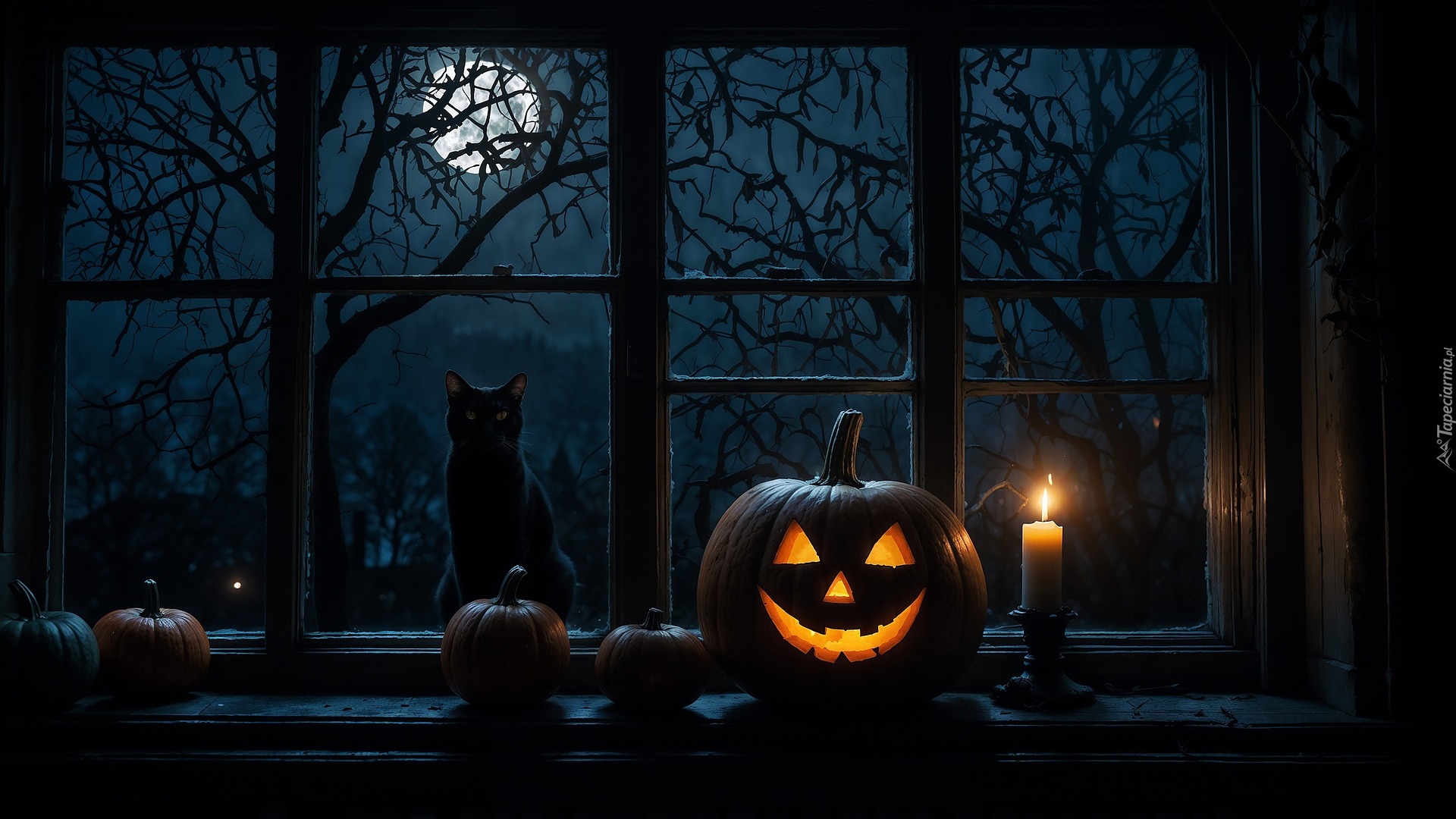 Halloween, Okno, Świecąca, Dynia, Świeca, Kot, Księżyc