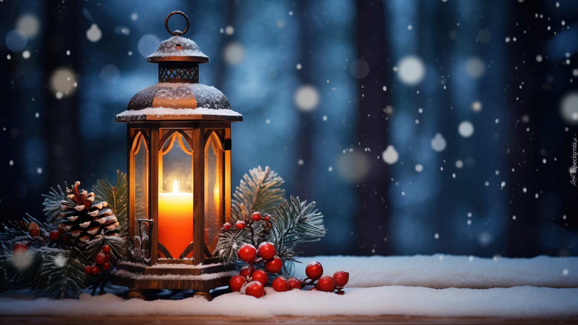 Zima, Lampion, Świeca, Szyszki, Śnieg