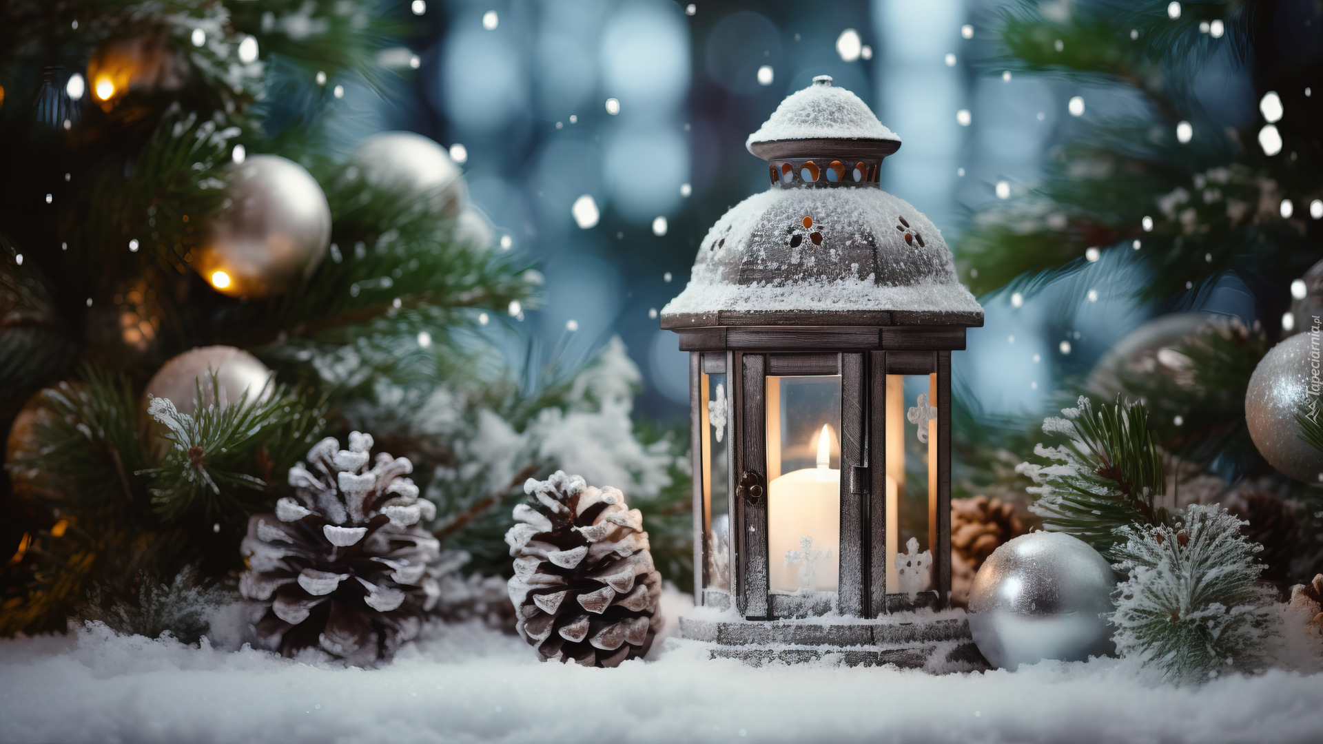 Zima, Śnieg, Lampion, Świeca, Bombki, Szyszki, Gałązki, Boże Narodzenie