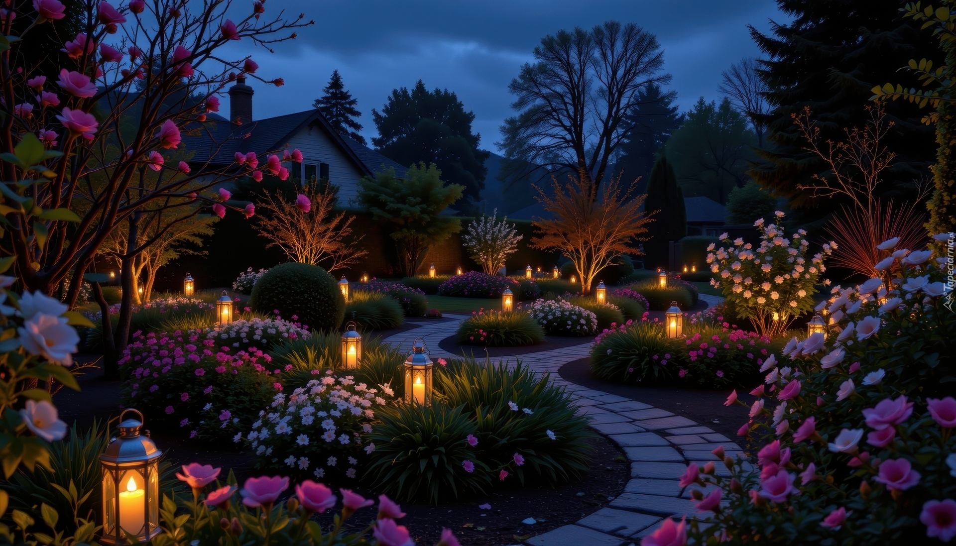 Ogród, Dom, Kwiaty, Noc, Ścieżka, Kamienna, Lampiony, Drzewa
