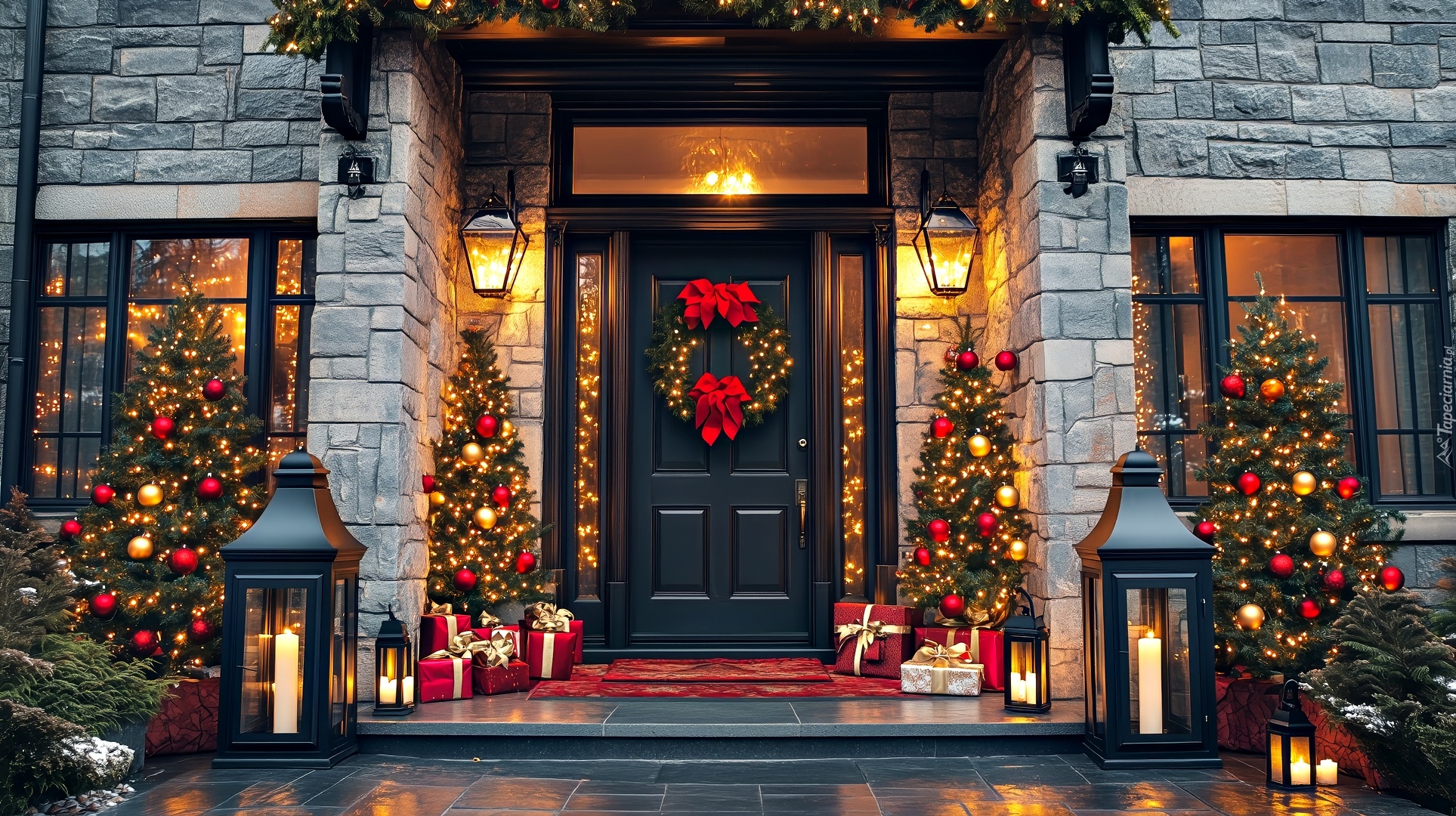 Boże Narodzenie, Dom, Drzwi, Choinki, Lampy, Grafika AI