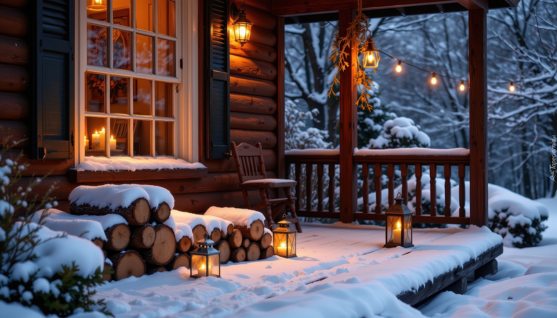 Zima, Dom, Szczapy, Taras, Lampiony