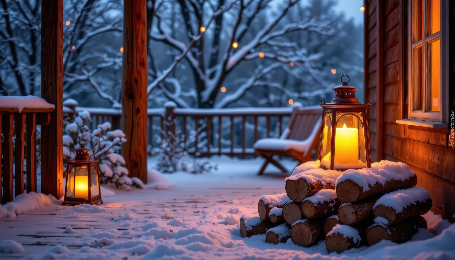 Lampiony, Szczapy, Drewna, Dom, Taras, Zima