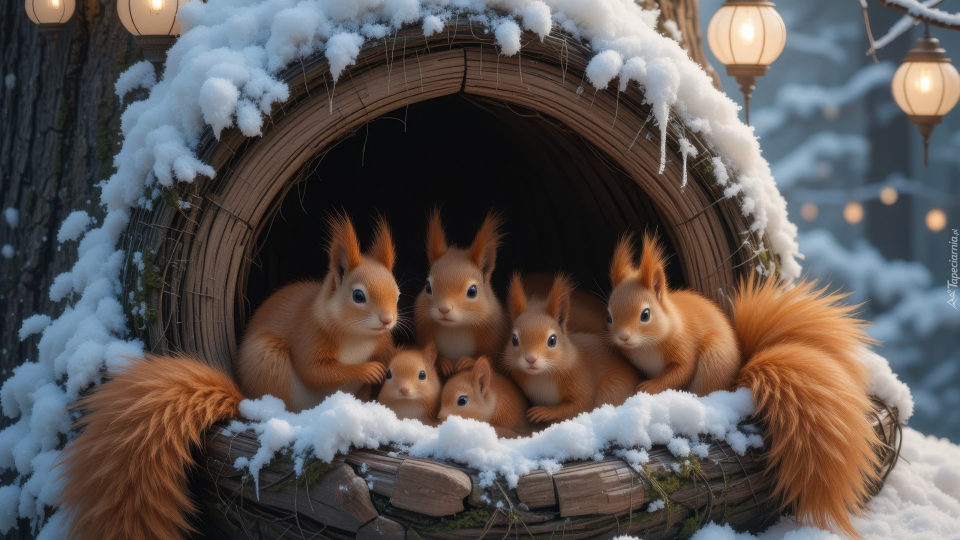 Wiewiórki, Dziupla, Śnieg, Zima, Lampiony