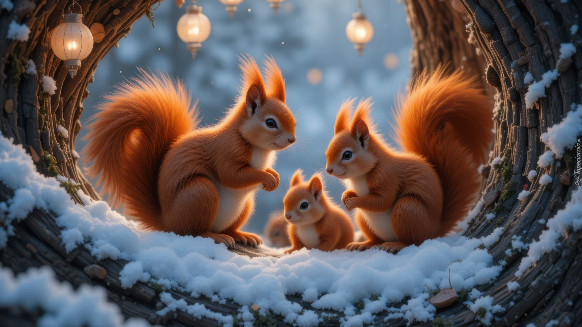 Wiewiórki, Dziupla, Zima, Śnieg, Lampiony, AI