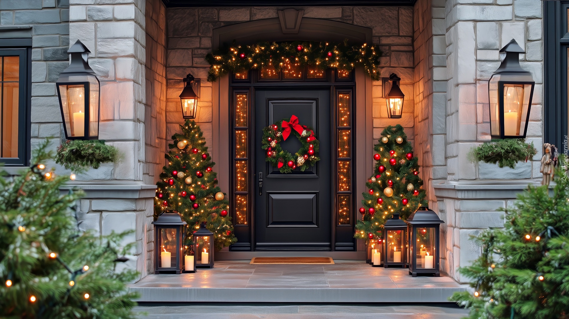 Dom, Drzwi, Choinki, Lampiony, Boże Narodzenie, Grafika AI