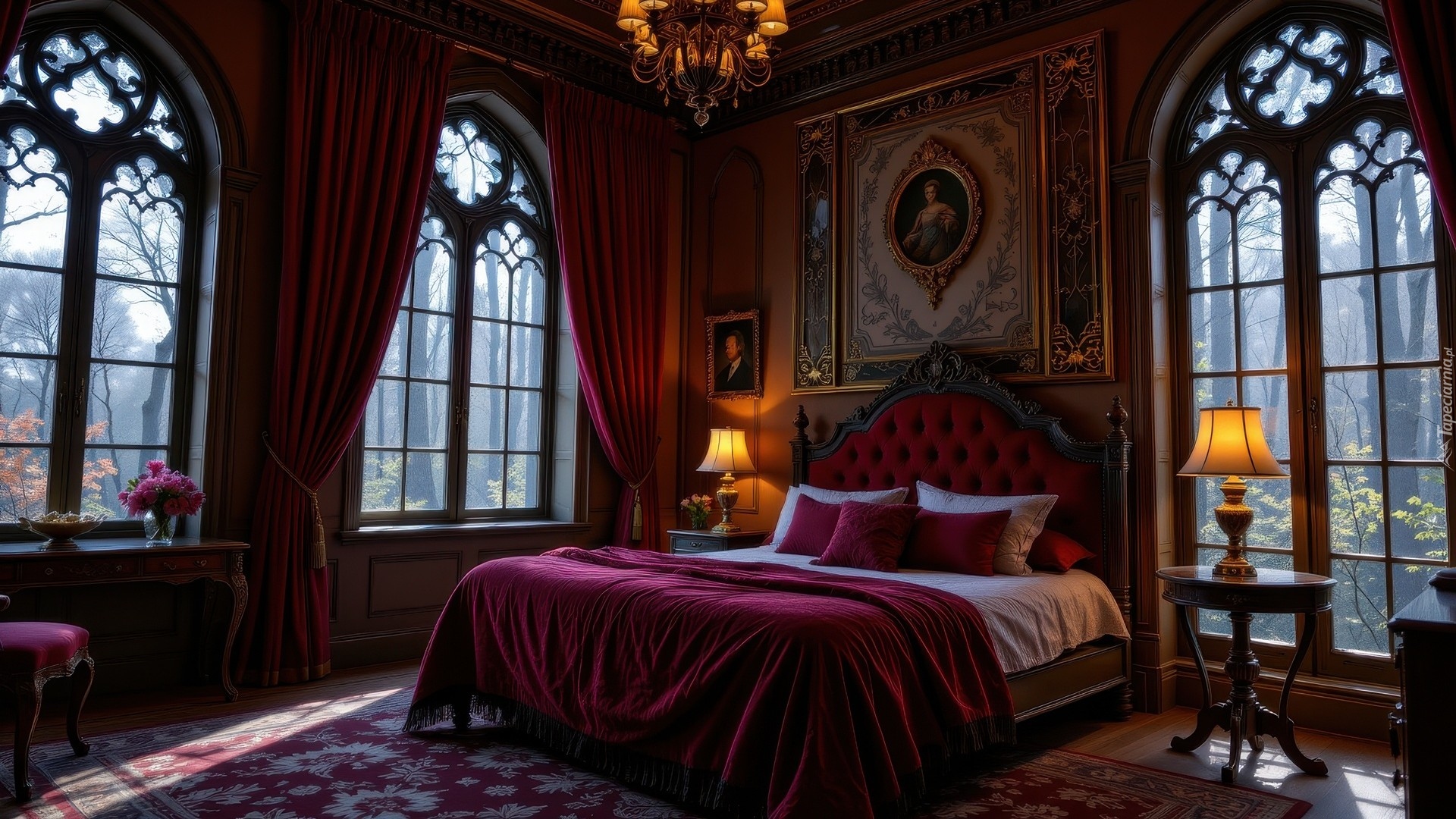 Sypialnia, Łóżko, Lampki, Obrazy